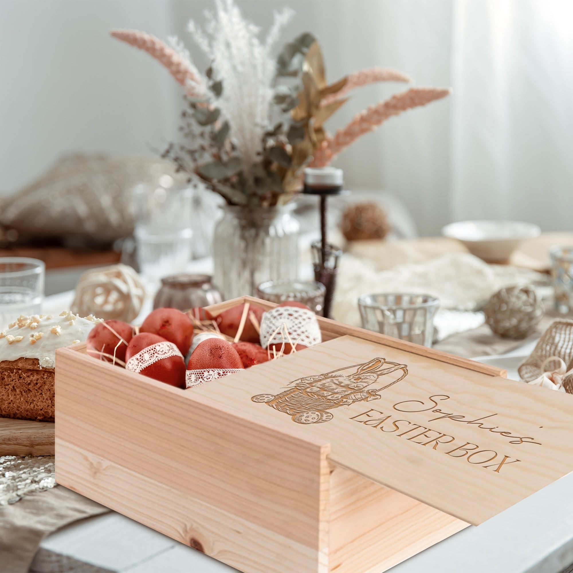 Personalised Wooden Easter Keepsake Box, Engraved Custom Rabbit Bunny Egg Sliding Hamper, First Birthday, Baby Baptism, Christian Gift Box