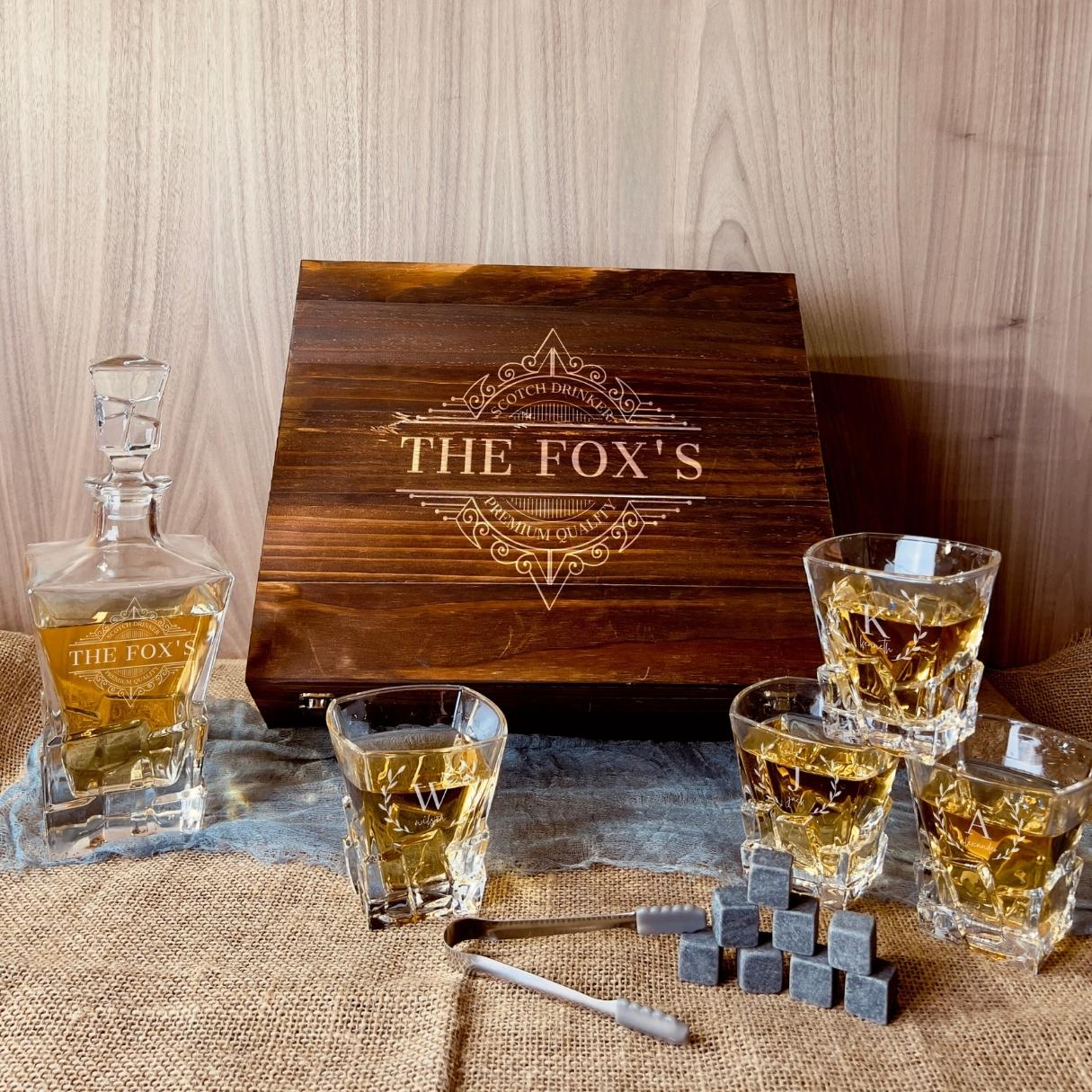 Personalised Wooden Boxed Whiskey Decanter Set, 4 Scotch Glasses, 6 Ice Stones & Tongs | Custom Engraved Groomsmen, Wedding, Whisky Bar Gift
