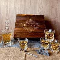 Personalised Wooden Boxed Whiskey Decanter Set, 4 Scotch Glasses, 6 Ice Stones & Tongs | Custom Engraved Groomsmen, Wedding, Whisky Bar Gift