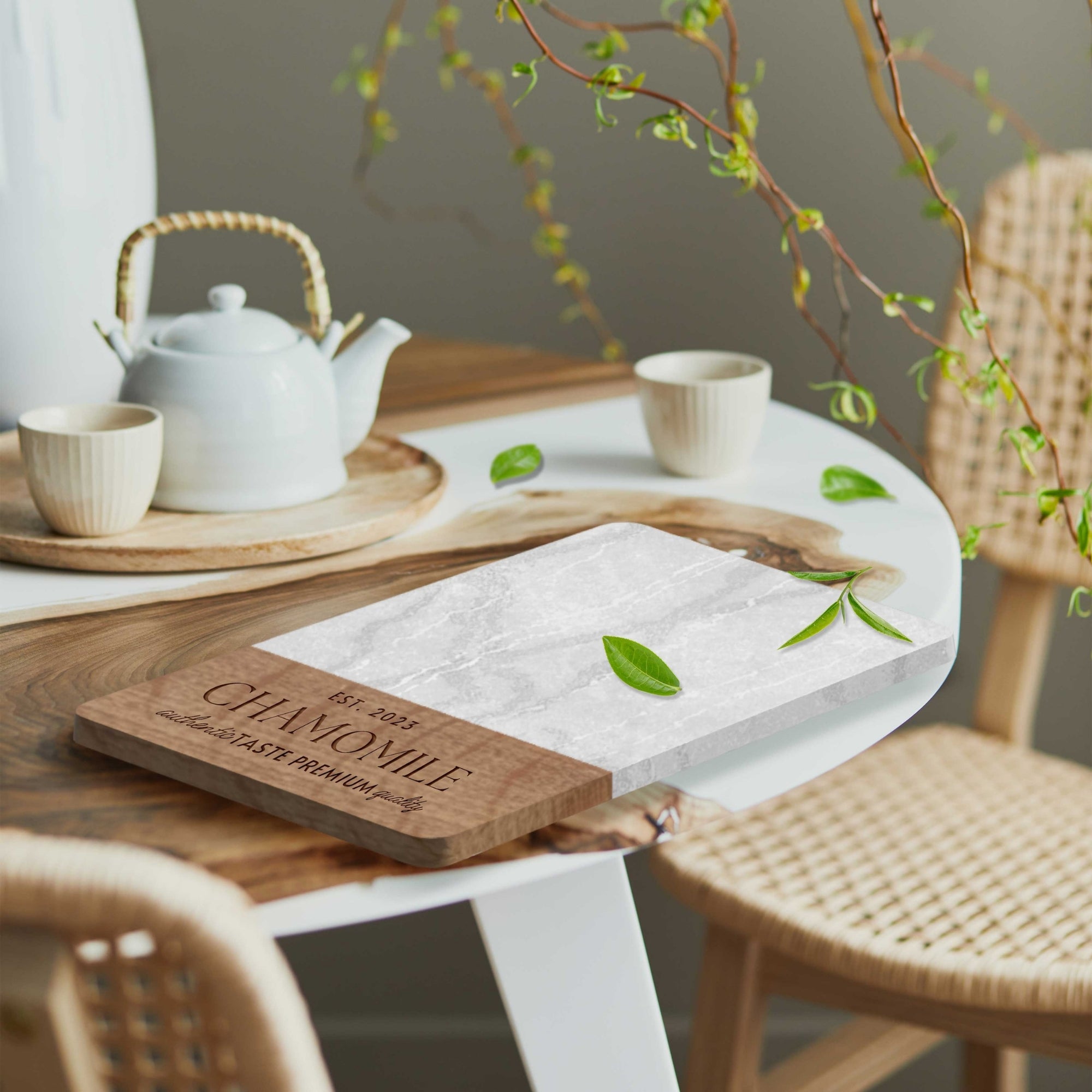 Personalised Acacia Wooden & Marble Cheese Tray, Custom Engraved Logo Square Serving Board Charcuterie Platter, Housewarming, Christmas Gift