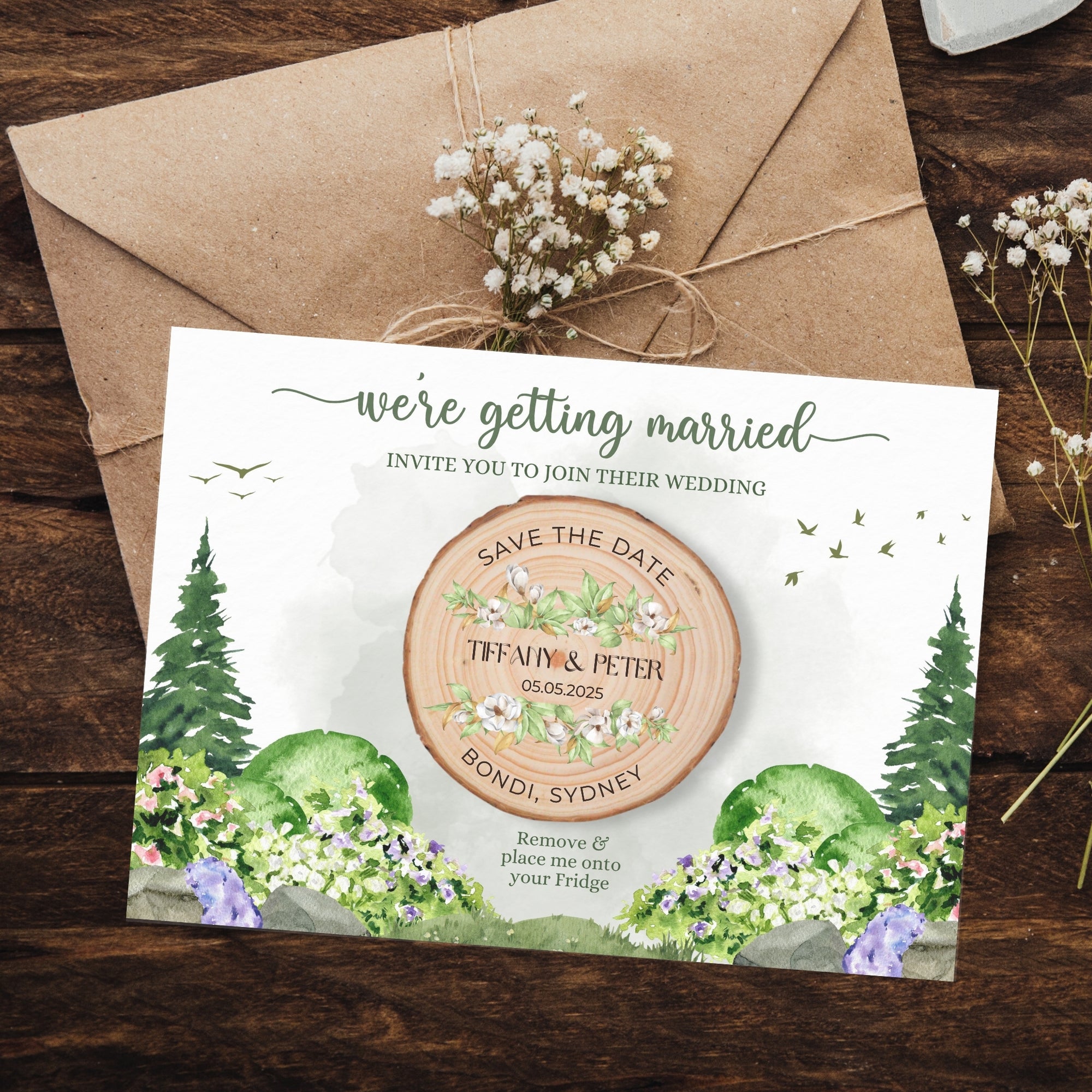 Personalised UV Print Wood Slice Save The Date Fridge Magnet & Invitation Card, Kraft Envelope, Customised Rustic Wreath Wedding Stationery