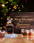 Engraved Christmas Wooden Boxed Whiskey Decanter Set & 4 Scotch Glasses, Personalised Custom Vintage Xmas Whisky Barware Birthday Gift Dad/ Him
