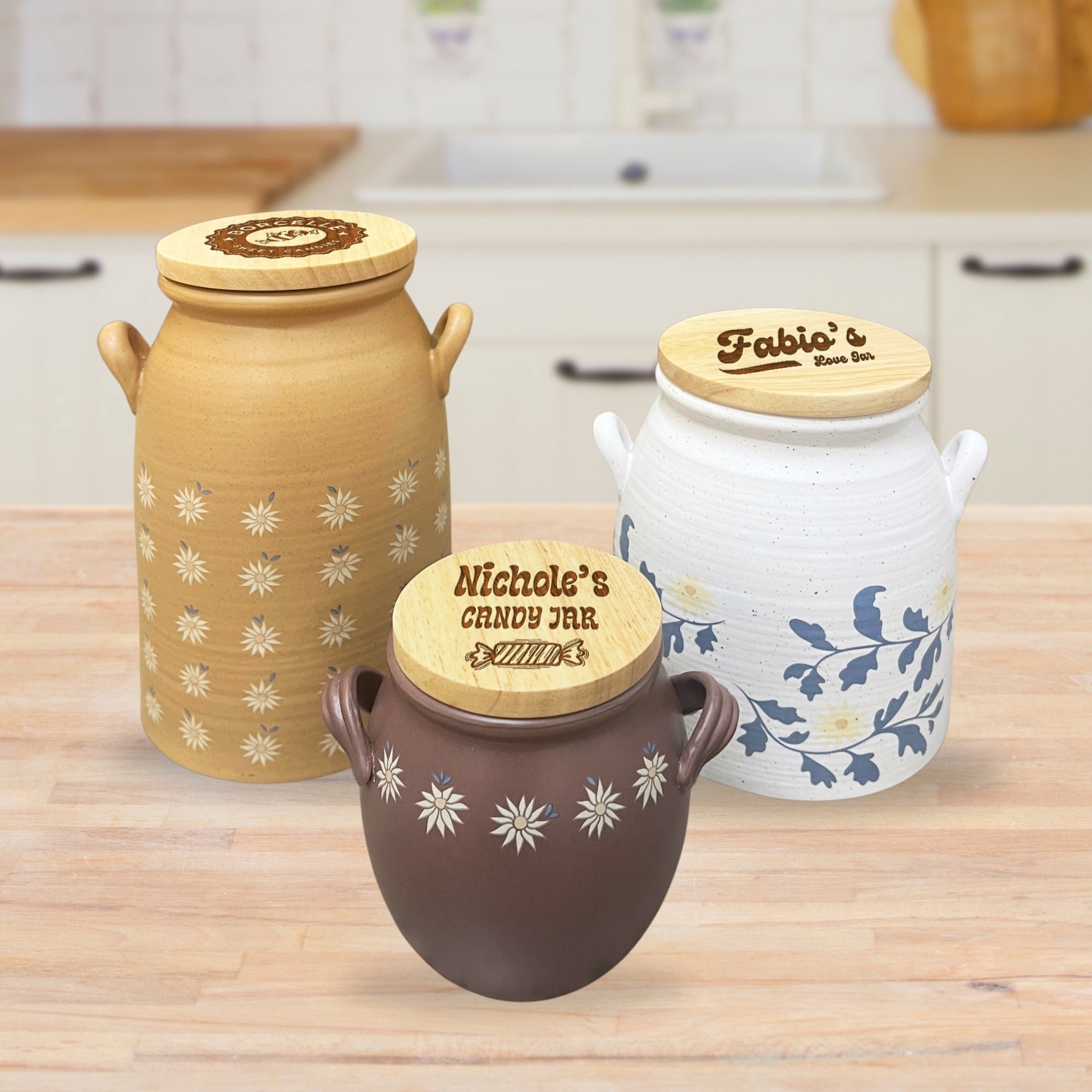 Personalised Wooden Lid Stoneware Canister, Custom Engraved Treat, Food, Snack Jar, Cookie Lolly Storage, Teacher, Anniversary Mom Xmas Gift