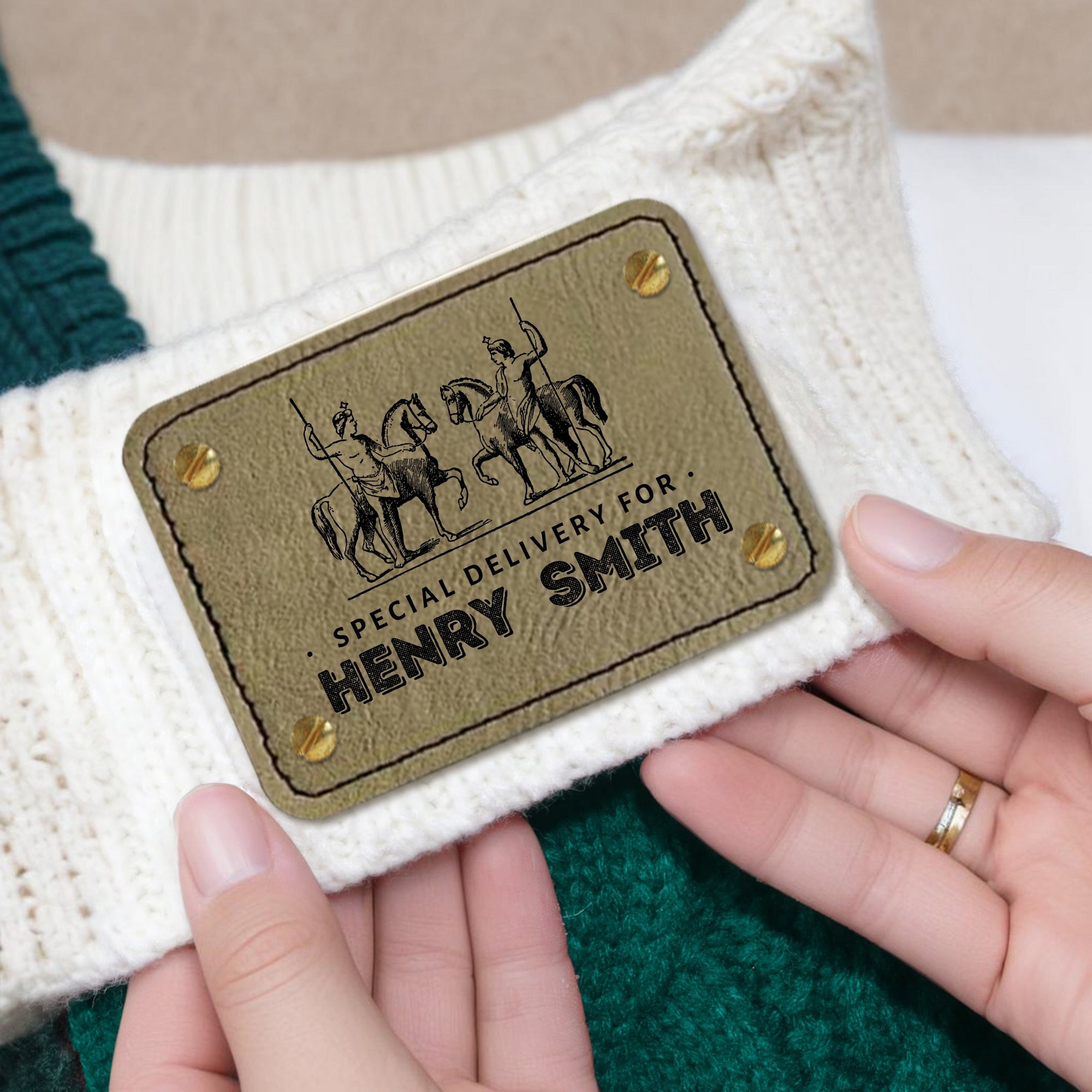 Personalised Knitted Christmas Stocking Custom Etched Leather Patch Merry Xmas Present Sock Family Santa North Pole Holiday Kid Gift Storage