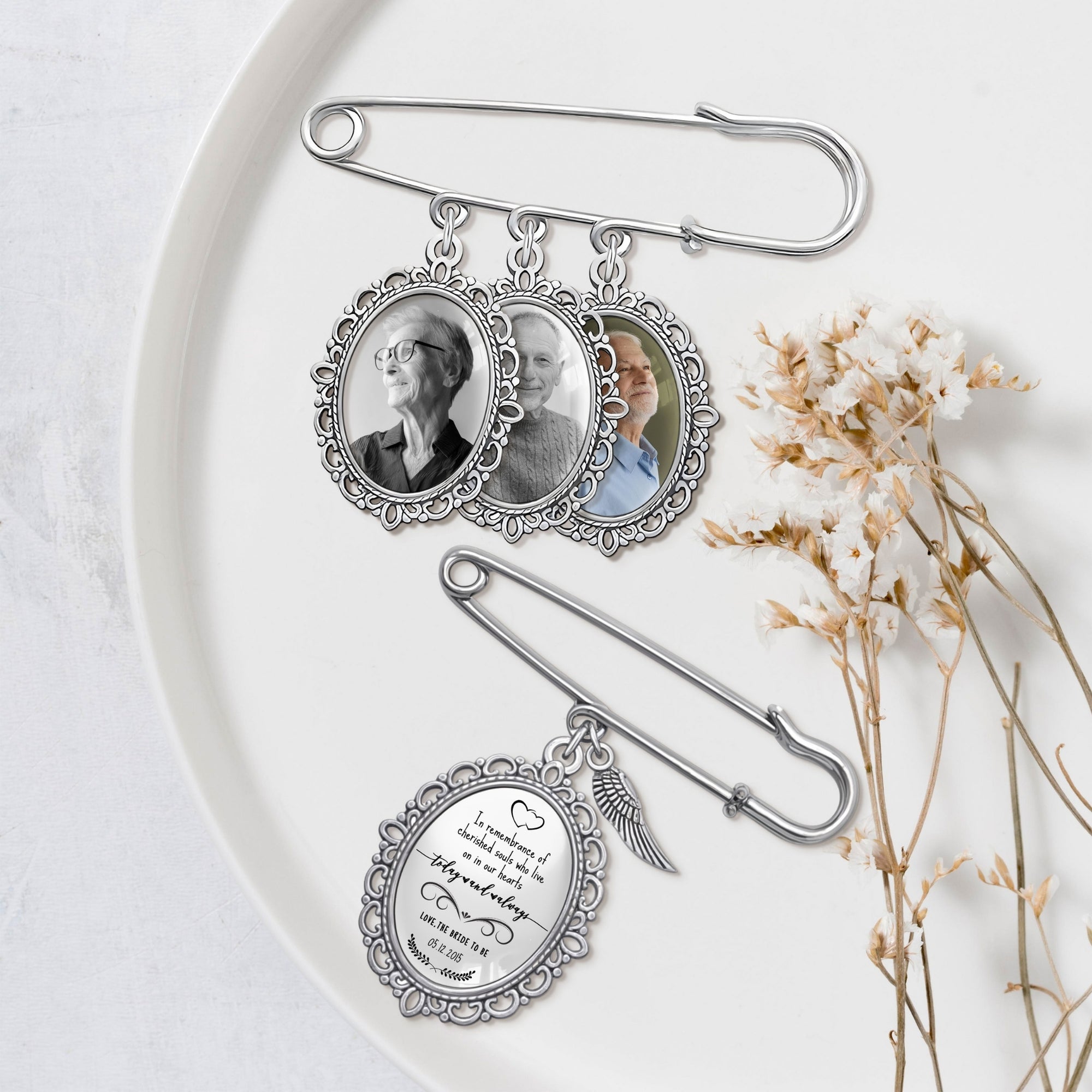 Personalised Photo & Message Memorial Bridal Bouquet Pin Charm, Custom Print Picture In Loving Memory Quotes Brooch Wedding Remembrance Gift