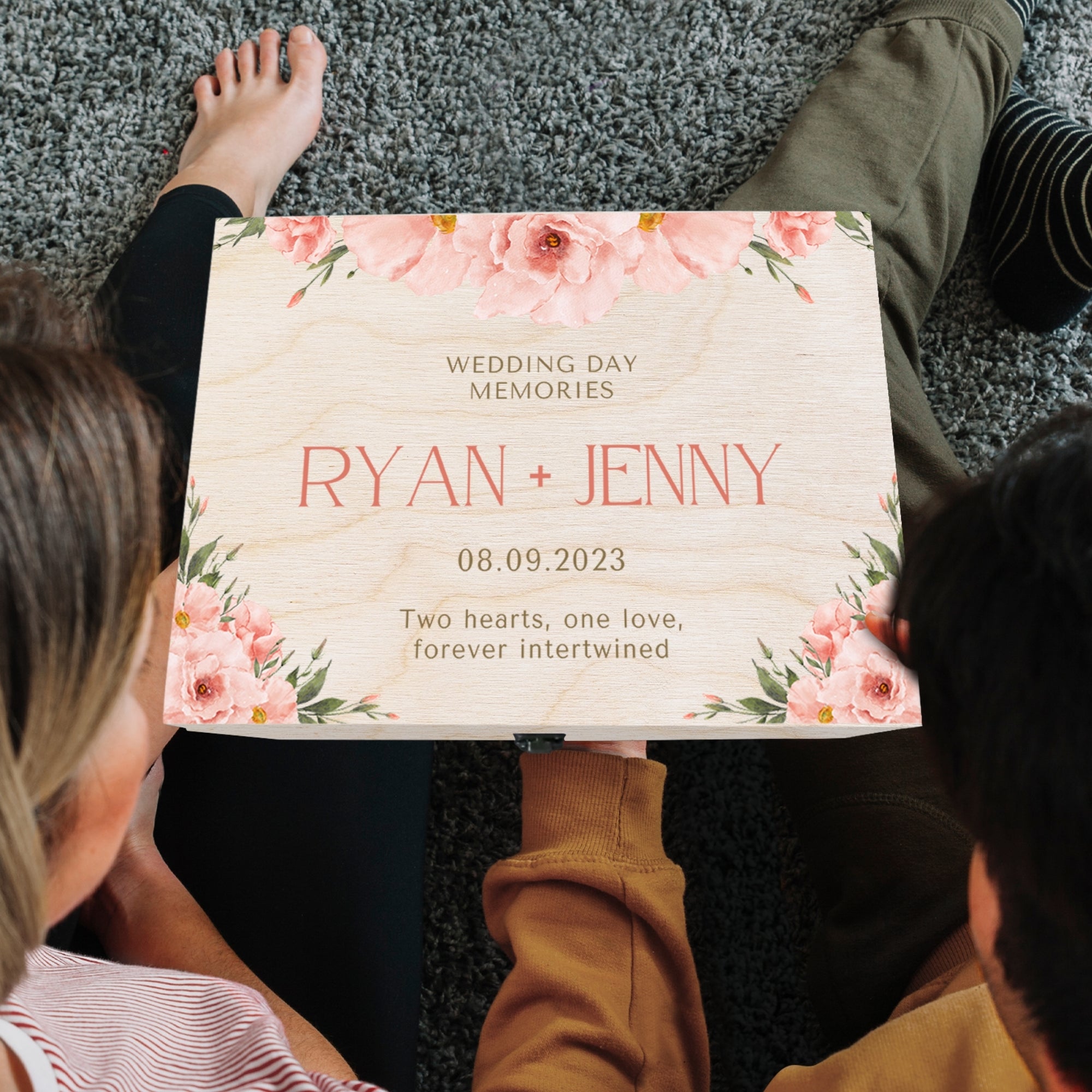 Personalised Floral Wedding Wooden Keepsake Box, Custom Names & Date UV Printed Memory Engagement Treasure Storage, Anniversary Couple Gift