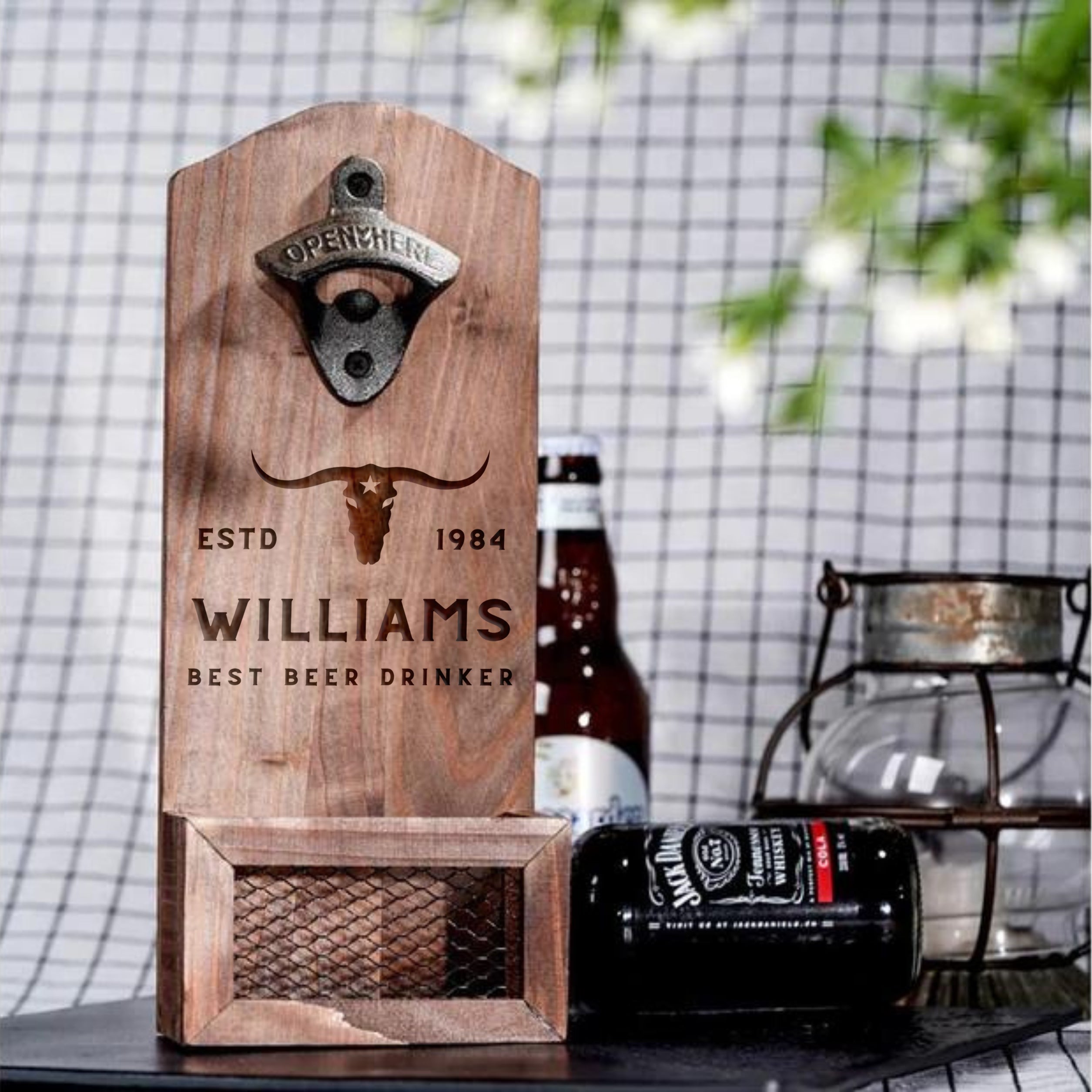 Personalised Wall Mounted Wooden Bottle Opener Cap Collector