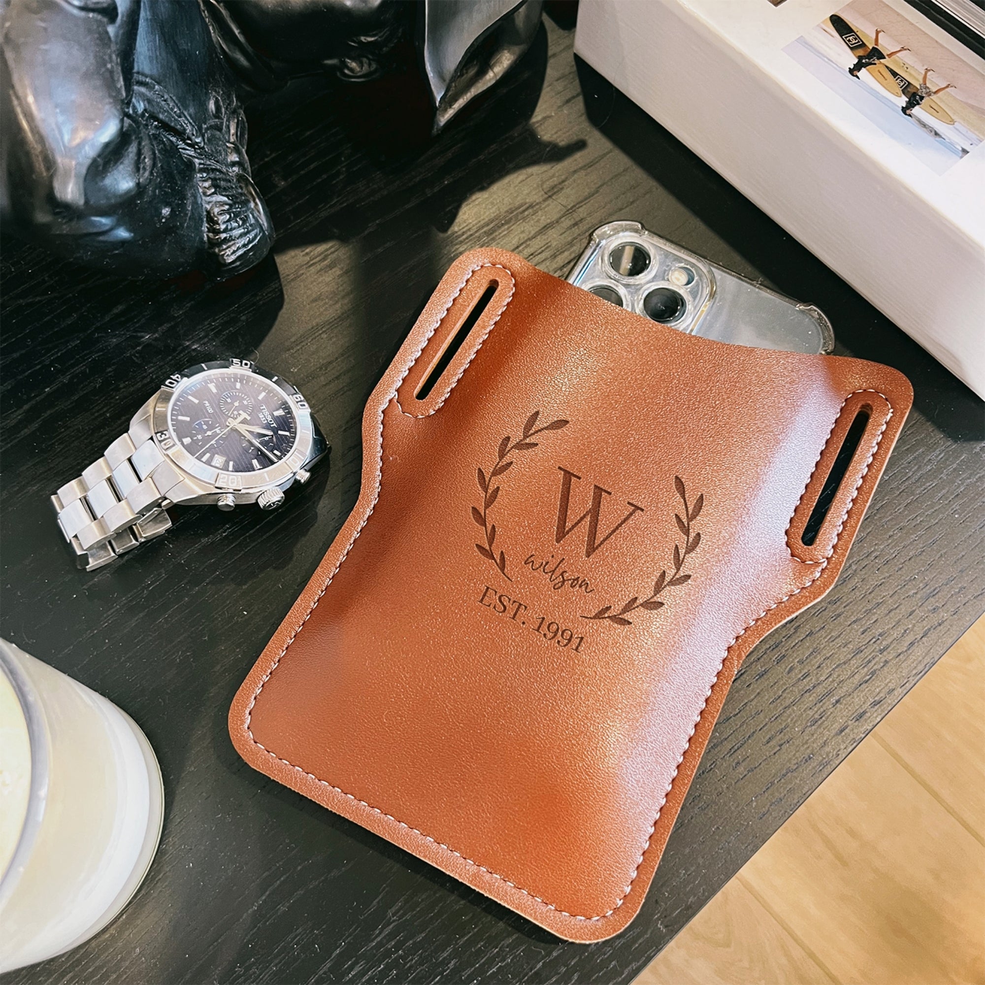 Personalised Leather Travel Belt Phone Case Holster, Custom Engraved Barber, Florist, Handyman, Crafting Hip Pouch, Groomsman, Father Gift