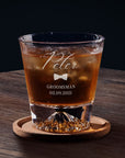 Personalised Wooden Barrel Whiskey Box, 2 Rock Mountain Glasses, 6 Ice Stones | Custom Engraved Logo Barware Set, Dad Groomsman Wedding Gift