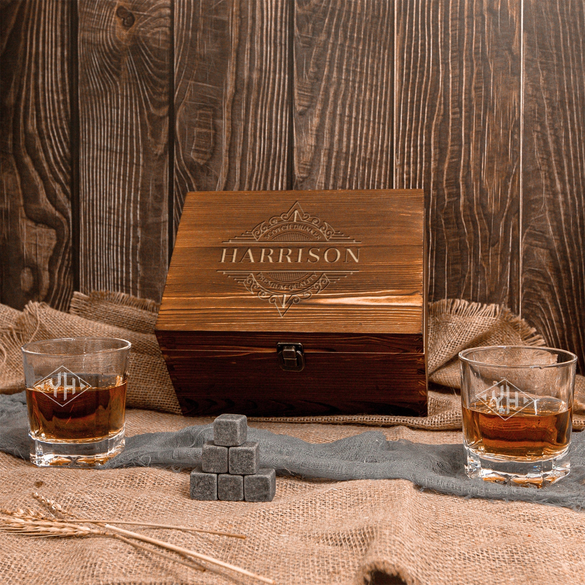 Custom Engraved Whiskey Wooden Box - 2 Square Star Base Scotch Glasses & 6 Rock Ice Stones, Personalised Barware Set, Father, Groomsman Gift