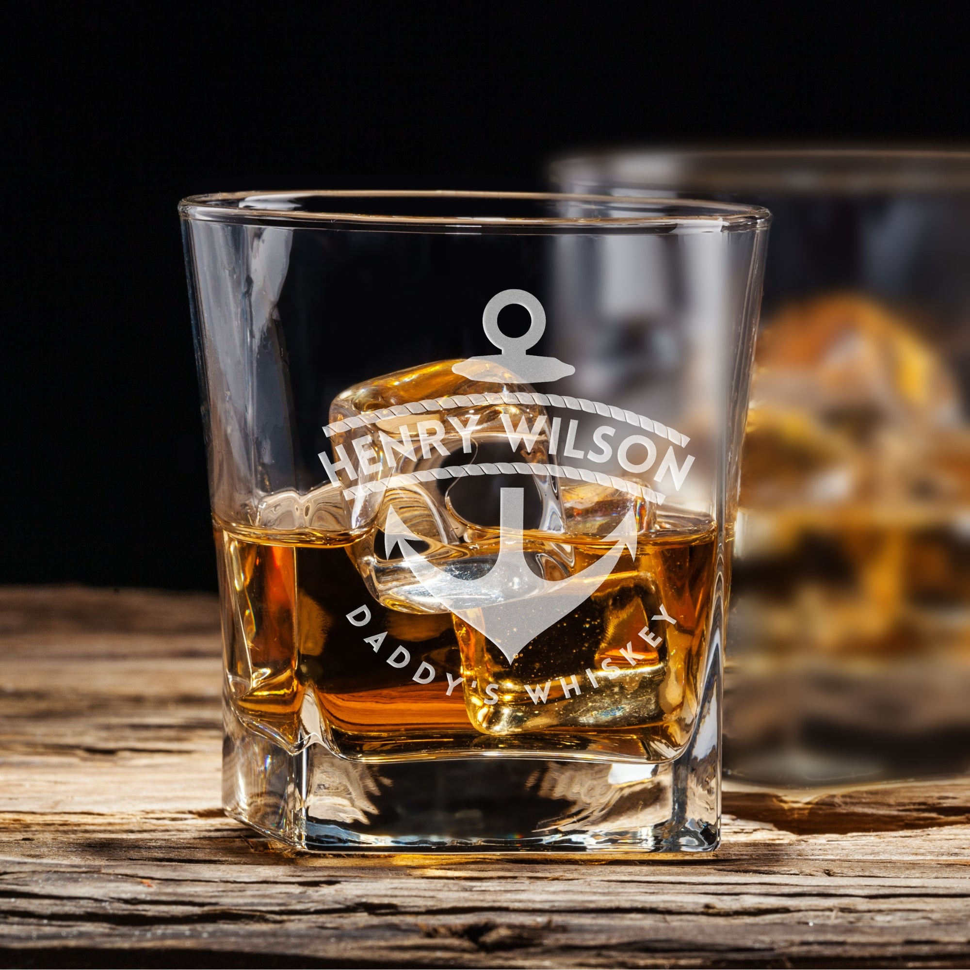 Custom Engraved Whiskey Wooden Box - 2 Square Star Base Scotch Glasses & 6 Rock Ice Stones, Personalised Barware Set, Father, Groomsman Gift