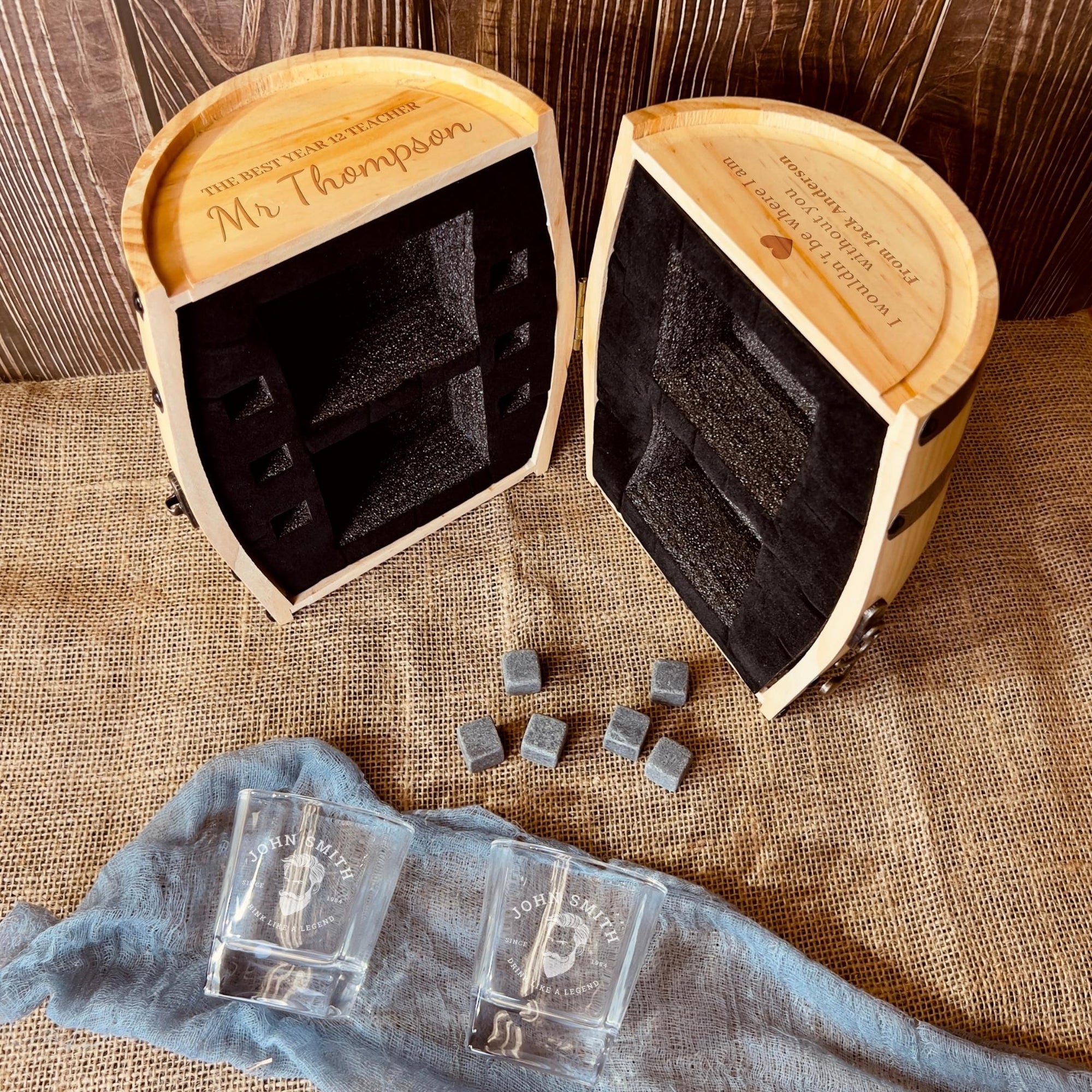 Personalised Wooden Barrel Whiskey Box, 2 Glasses, 6 Ice Stones | Custom Engraved Logo Barware Set, Dad Groomsmen, Birthday, Christmas Gift