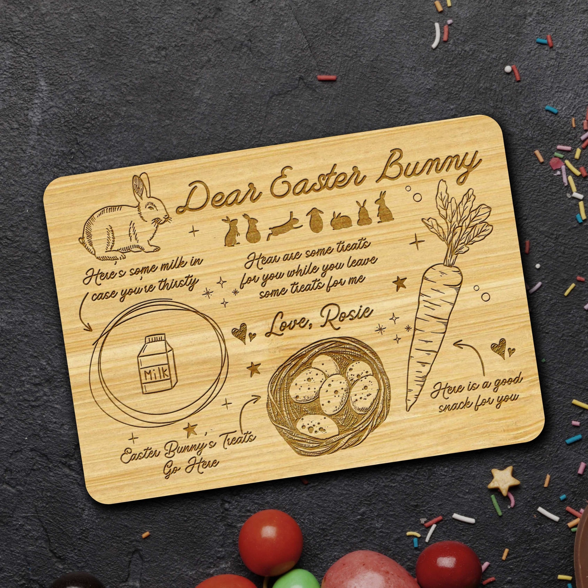 Personalised Dear Easter Bunny Treat Tray, Custom Engraved Rabbit Board, Etched Milk, Carrot Cookie Platter, Wooden Serving Board Keepsake