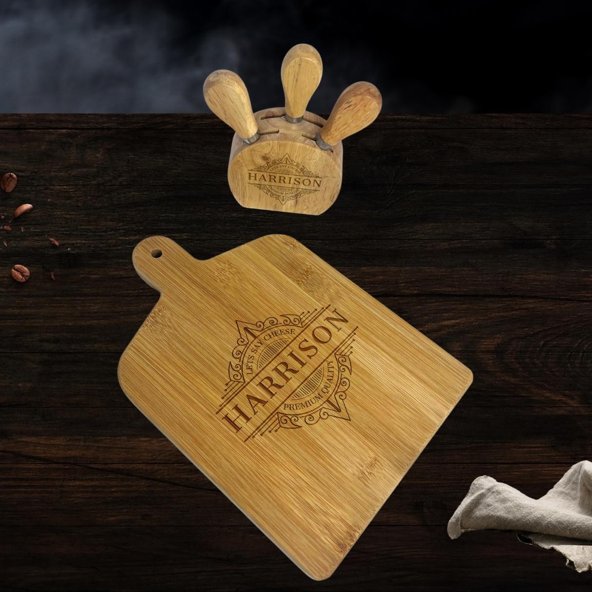 Personalised Wooden Paddle Chopping Board & 4 Piece Cheese Knife Set Customised Serving Tray Engraved Charcuterie Platter, Housewarming Gift