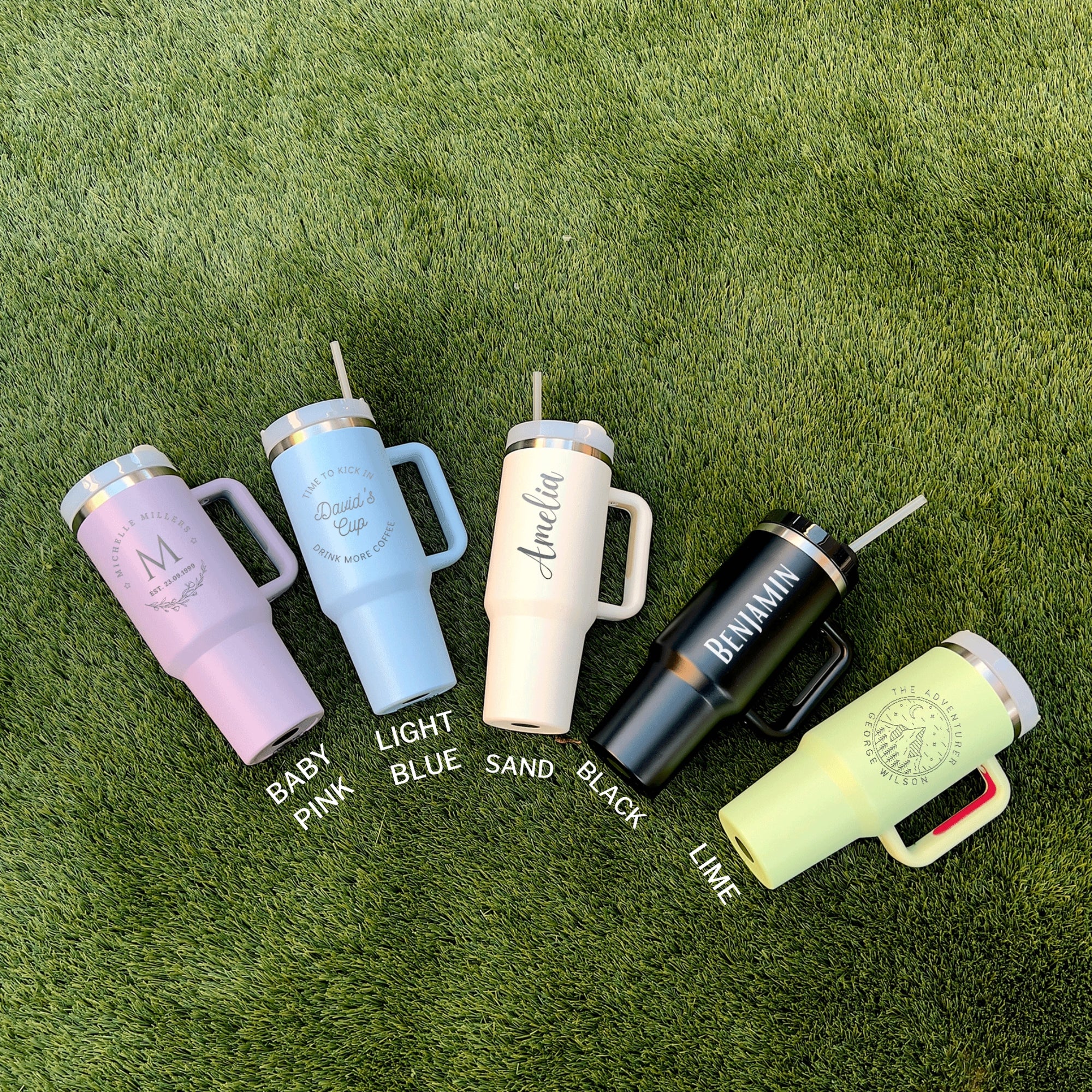 Personalised 1.2L Stainless Steel Insulated Handle Tumbler Lid & Straw, Custom Engraved Logo Travel Thermal Hot Cold Car Cup, Corporate Gift