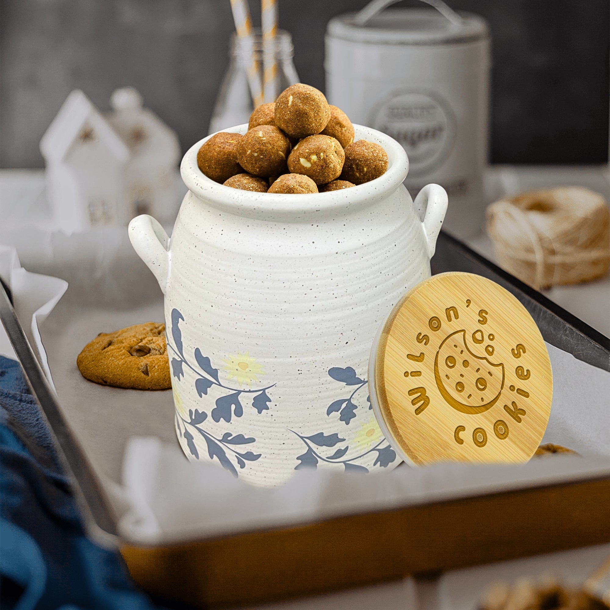 Personalised Wooden Lid Stoneware Canister, Custom Engraved Treat, Food, Snack Jar, Cookie Lolly Storage, Teacher, Anniversary Mom Xmas Gift