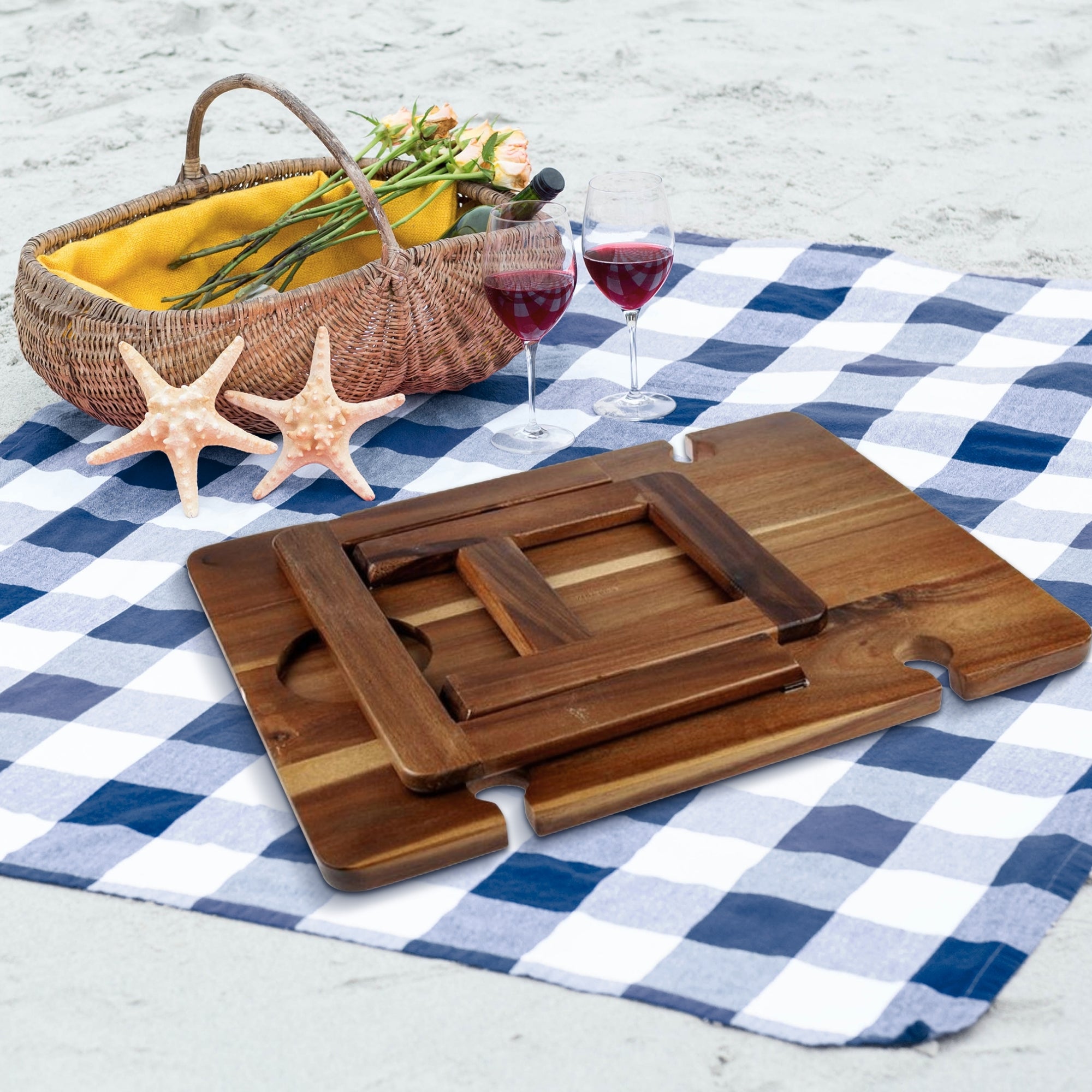 Personalised Foldable Portable Wooden Acacia Travel 4 People Picnic Table & Crystal Wine Glasses, Custom Engraved Wedding, Housewarming Gift