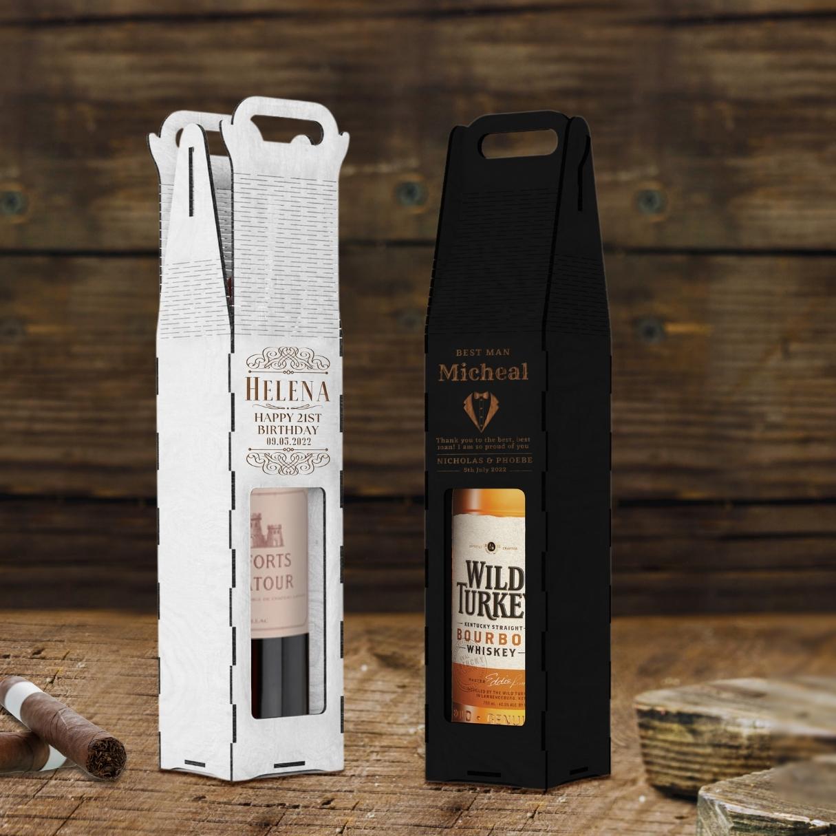 Custom Made Laser Cut & Engraved Wooden Wine Box, Personalised Plywood/ MDF Name/ Logo Wedding, Birthday, Corporate Carry Wine Bottle Display Gift Boxes