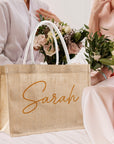 Personalised Name Jute Carry Tote, Custom Print Eco Travel, Shopping, Beach Burlap Bag, Hens Party, Bridesmaid Birthday Gift Wedding Favour