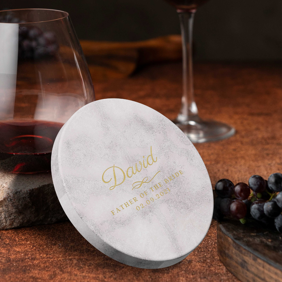 Custom Engraved Round Marble Coaster & Metallic Paint, Personalised Drink Mat, Wedding Favours/ Housewarming/ Birthday/Teacher/ Corporate Gift