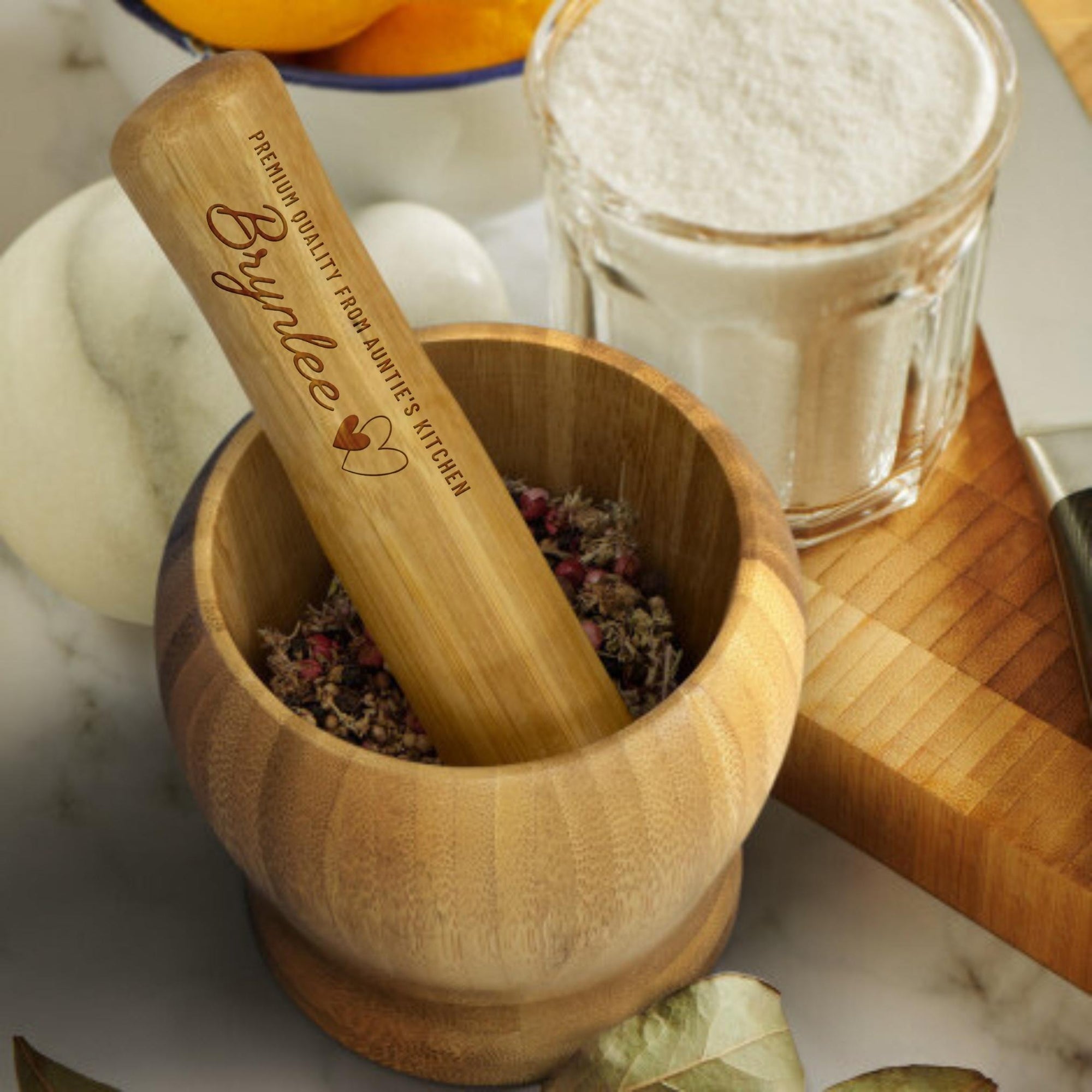 Personalised Bamboo Mortar and Pestle, Custom Engraved Wooden Garlic Shredder Bowl, Masher & Pounder, Kitchenwares, Mother Housewarming Gift