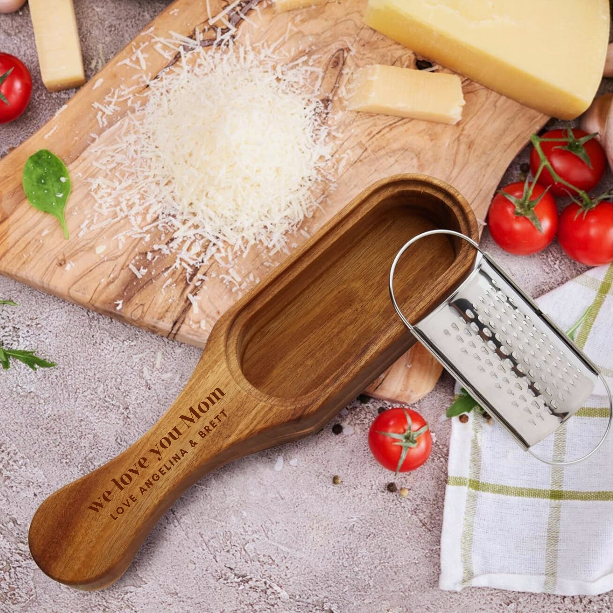Personalised Wooden Stainless Cheese Grater & Holder, Custom Engraved Shredder Box, Cheese Spoon Zester, Kitchen Utensils, Housewarming Gift