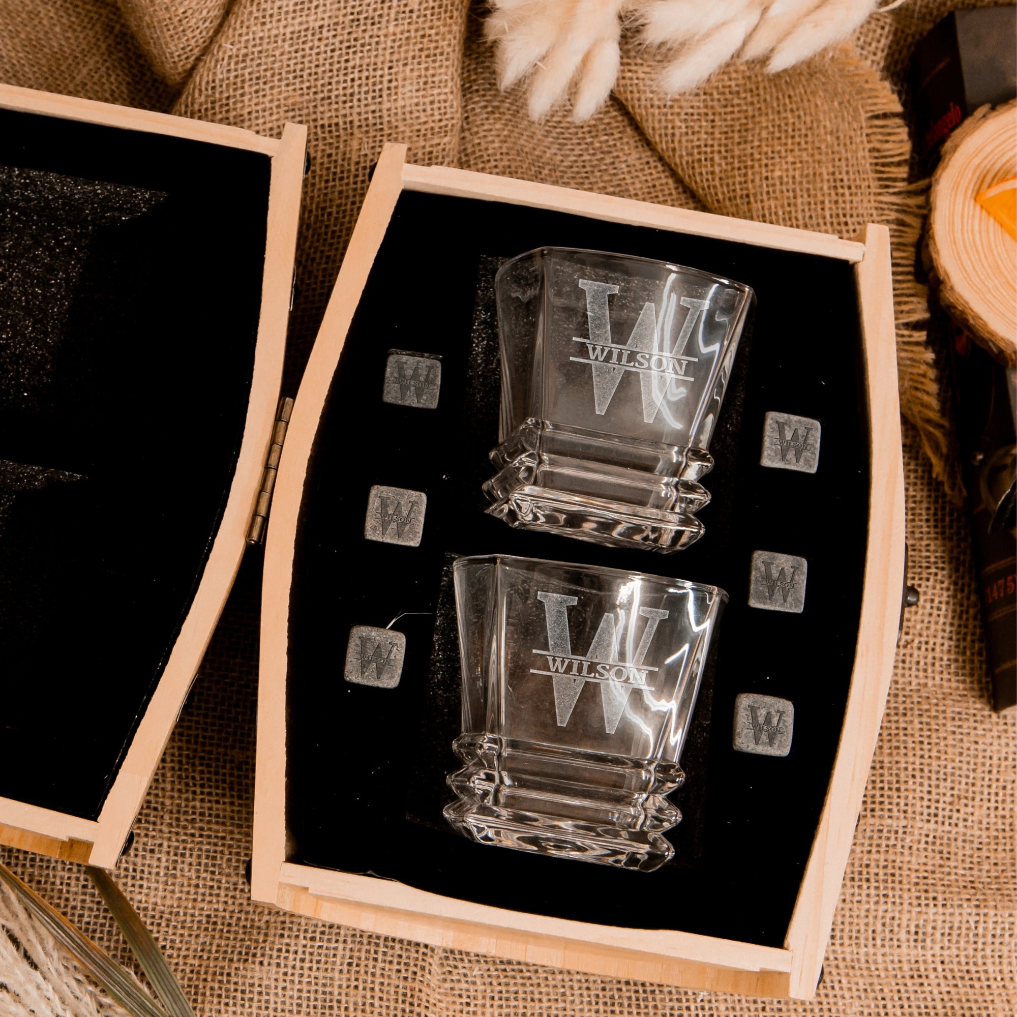 Personalised Wooden Barrel Whiskey Box, 2 Prism Glasses, 6 Ice Stones | Custom Engraved Barware Set, Dad, Groomsmen, Retirement, Xmas Gift