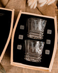 Personalised Wooden Barrel Whiskey Box, 2 Prism Glasses, 6 Ice Stones | Custom Engraved Barware Set, Dad, Groomsmen, Retirement, Xmas Gift