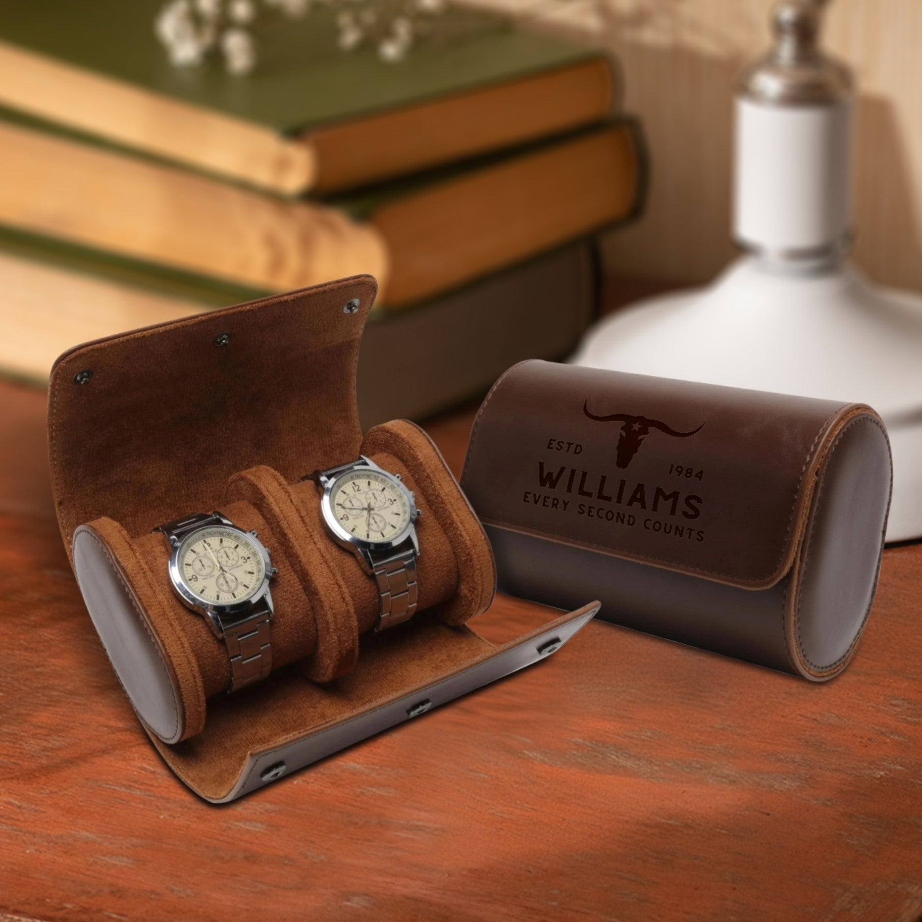 Personalised Tan Leatherette Watch Case Box, Custom Engraved Travel Watches Roll Slot Display Storage, Groomsman Dad Mom Birthday Xmas Gift