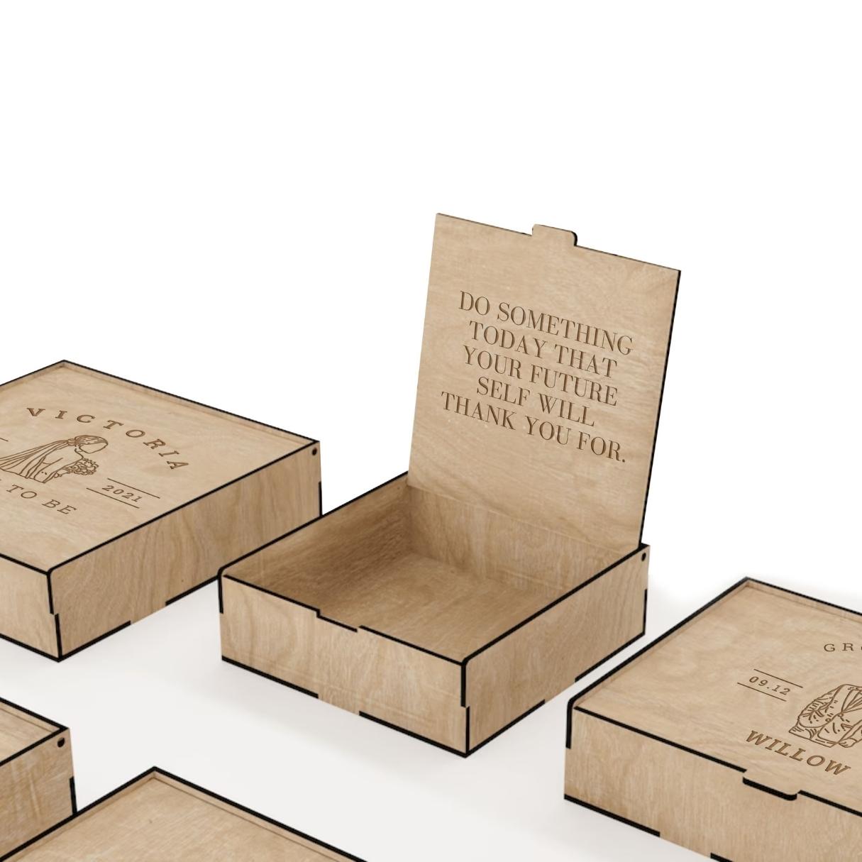 Custom Double Sided Engraved Wooden Keepsake Square Box, Personalised Plywood/ MDF Name/ Logo Wedding, Birthday, Corporate Storage Gift Boxes