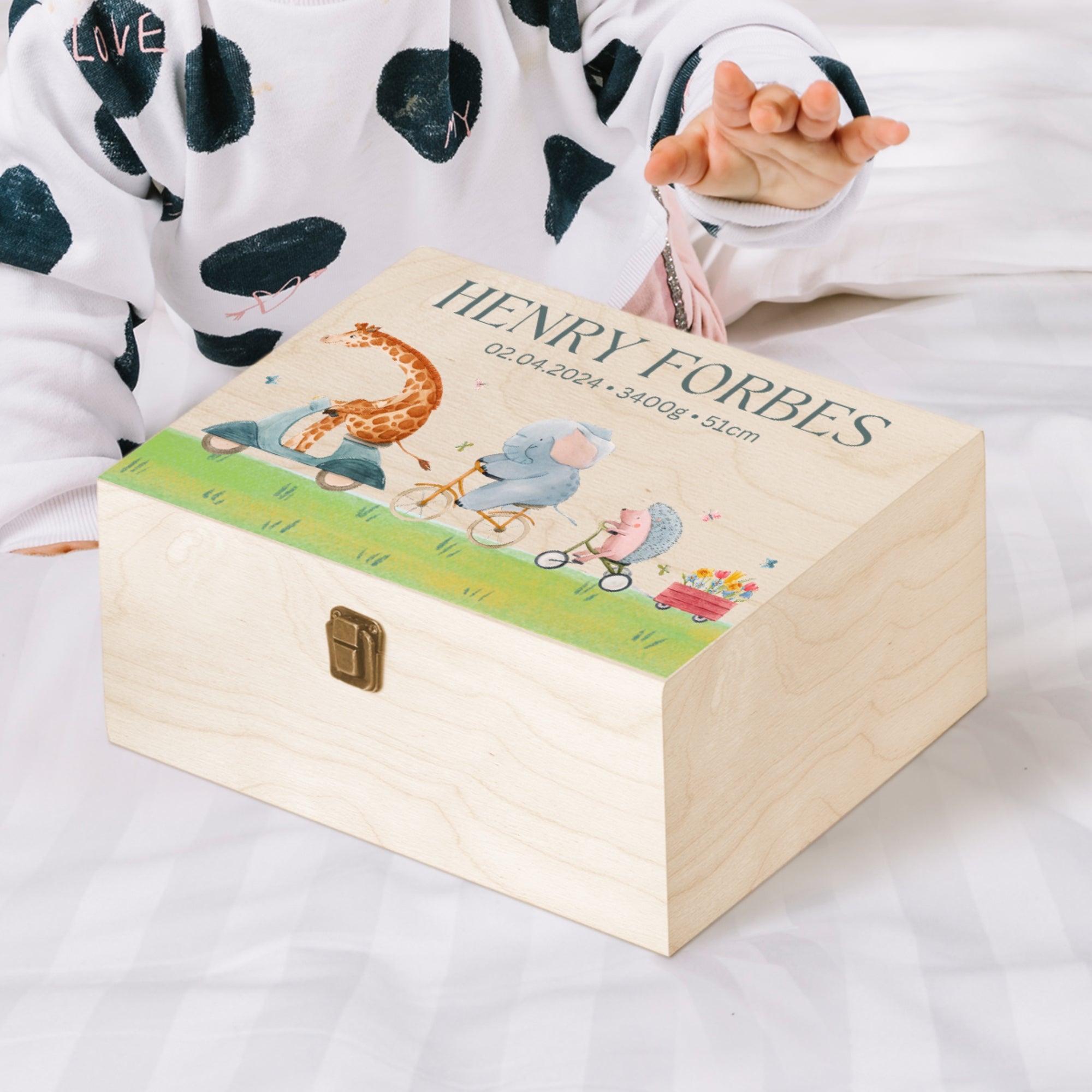 Personalised New Born Baby Wooden Keepsake Box, Custom UV Print Cartoon Water Paint Memory Boxes Treasure Storage First Birthday Shower Gift