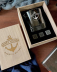 Personalised Wooden Whiskey Gift Box, Star Patterned Base Glass Ice Stones Coaster, Custom Engraved Wedding Barware Set, Dad, Corporate Gift