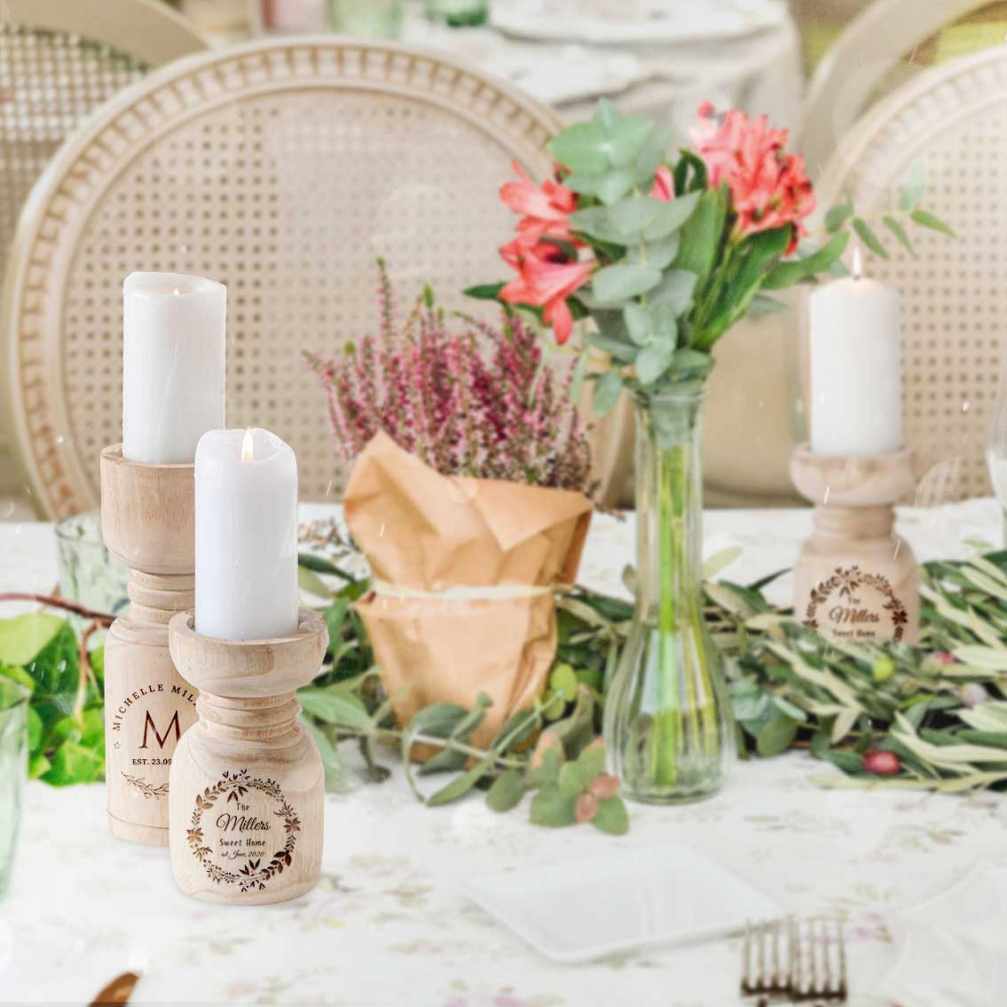 Personalised Wooden Candle Holder, Custom Engraved Logo Keepsake Wedding Favour, Teacher, Anniversary, Mother's Day, Housewarming Decor Gift