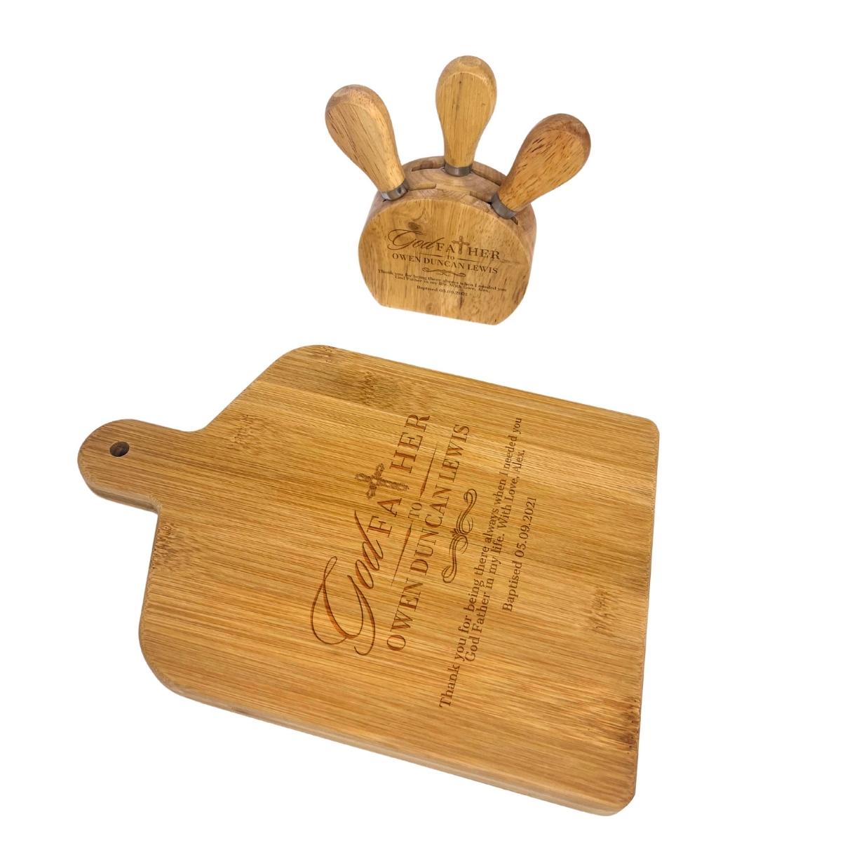 Personalised Wooden Paddle Chopping Board & 4 Piece Cheese Knife Set Customised Serving Tray Engraved Charcuterie Platter, Housewarming Gift