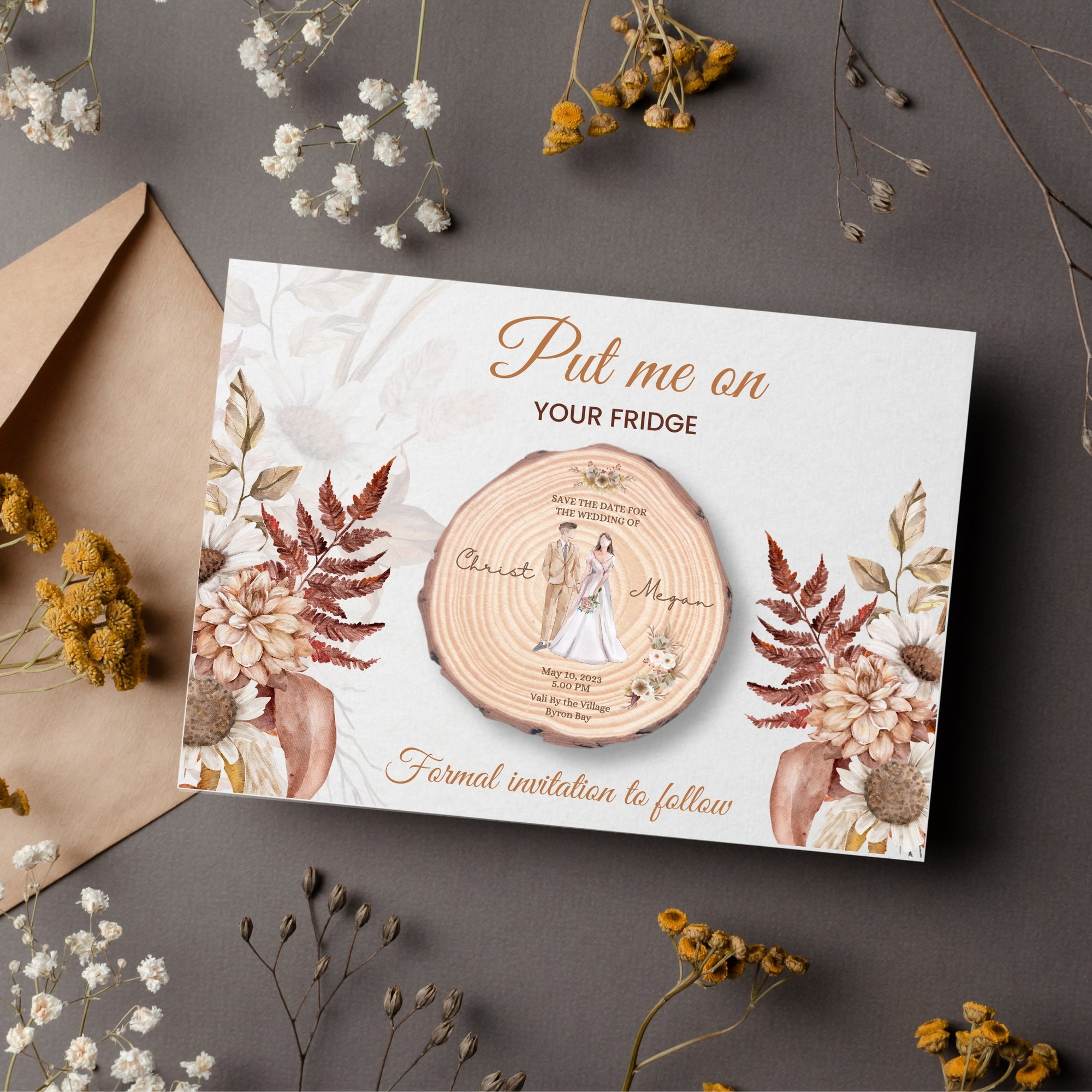 Personalised UV Print Wood Slice Save The Date Fridge Magnet & Invitation Card, Kraft Envelope, Customised Rustic Wreath Wedding Stationery