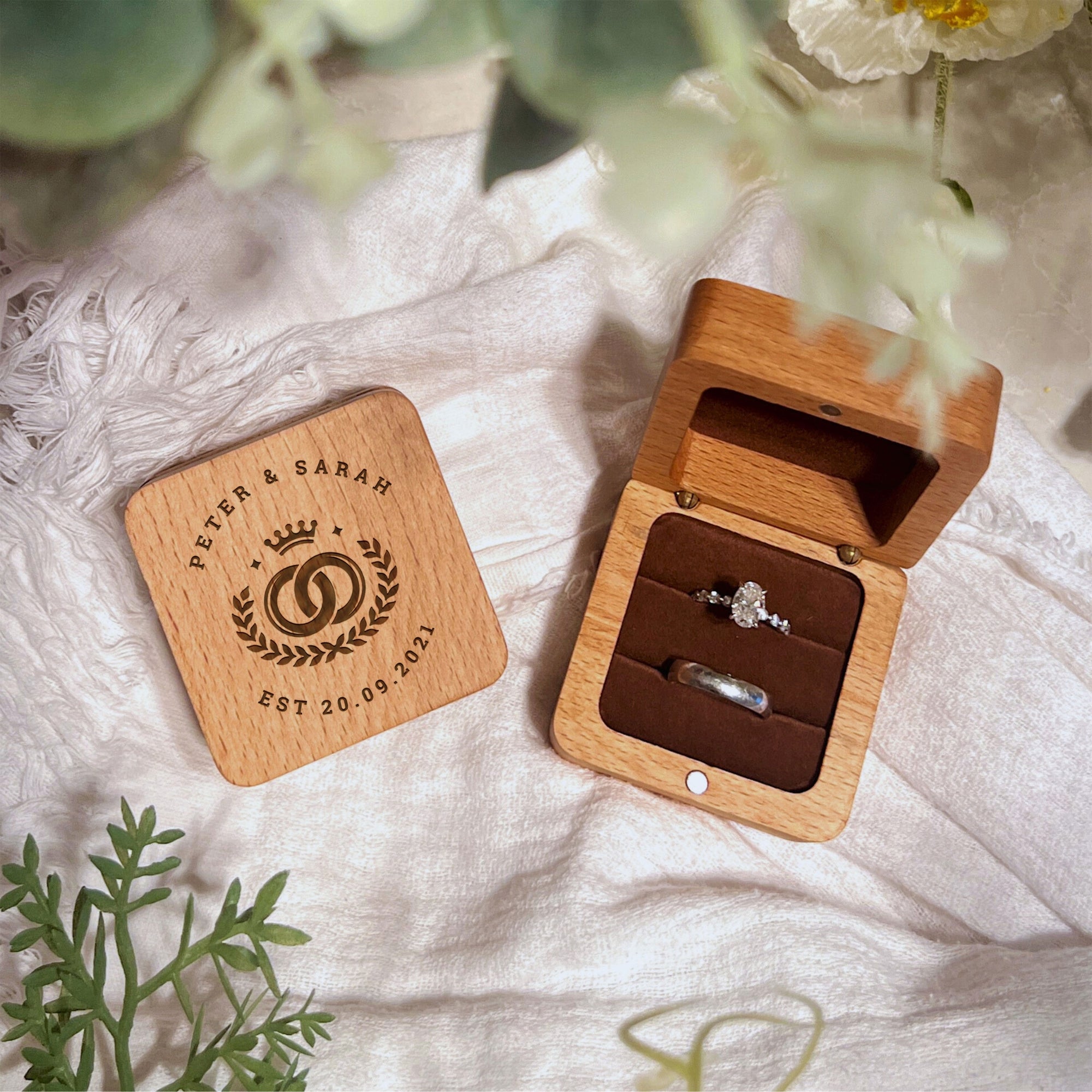 Personalised Wedding Double Slot Square Wood Ring Box, Custom Engraved Engagement Proposal Rings Bearer Oak Holder Storage, Anniversary Gift