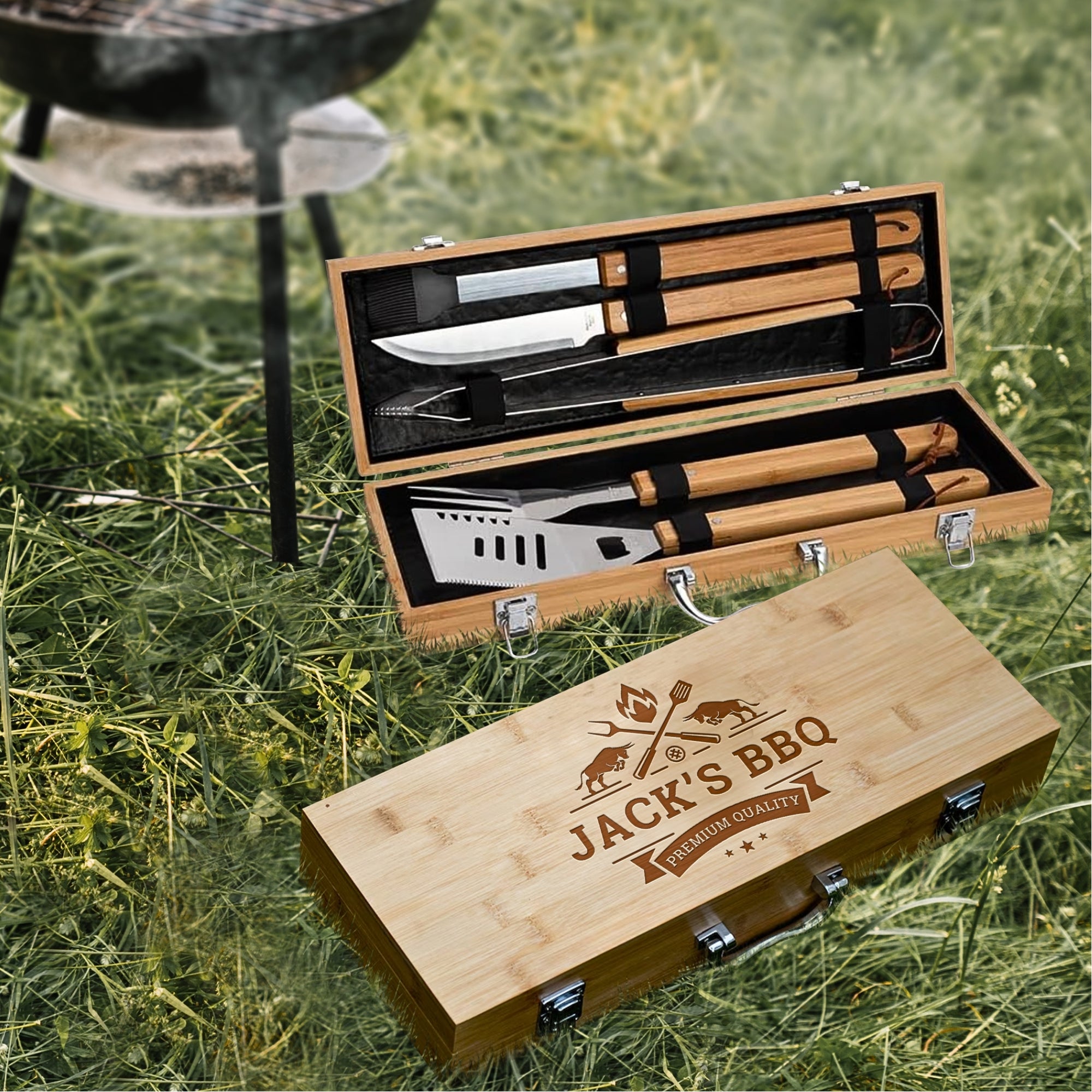 Personalised Bamboo BBQ Tools & Box Set, Custom Engraved Barbecue Utensils Case, Grill Master, Groomsman, Dad, Housewarming, Corporate Gift