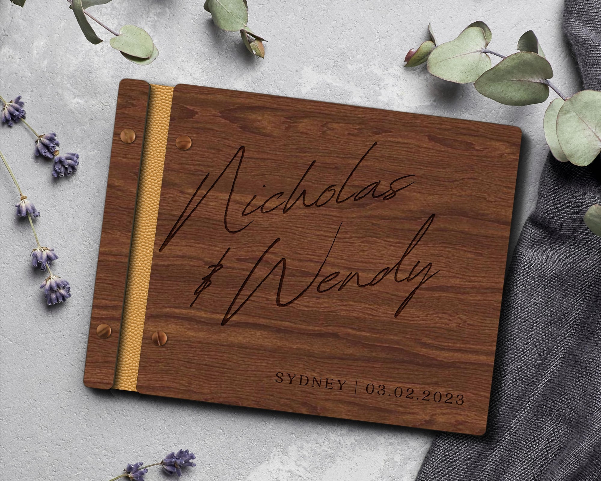 Custom Engraved Wooden Vegan Leather Wedding Guest Book, Personalised Plywood Alternative Traditional Guestbook Keepsake,Rustic Party Decor