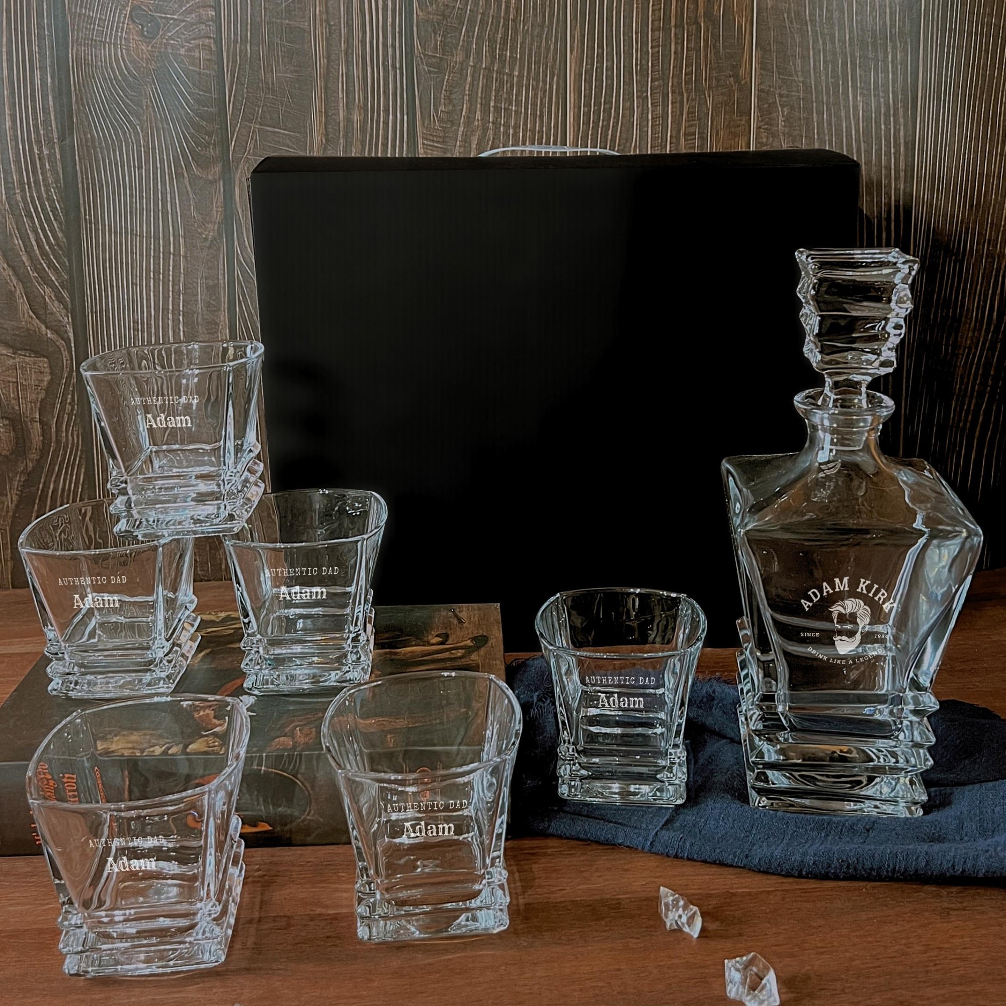Personalised Prism Whiskey Decanter & 6 Scotch Glasses Box Set , Custom Engraved Whisky Barware, Housewarming, Groomsmen, Dad, Birthday Gift