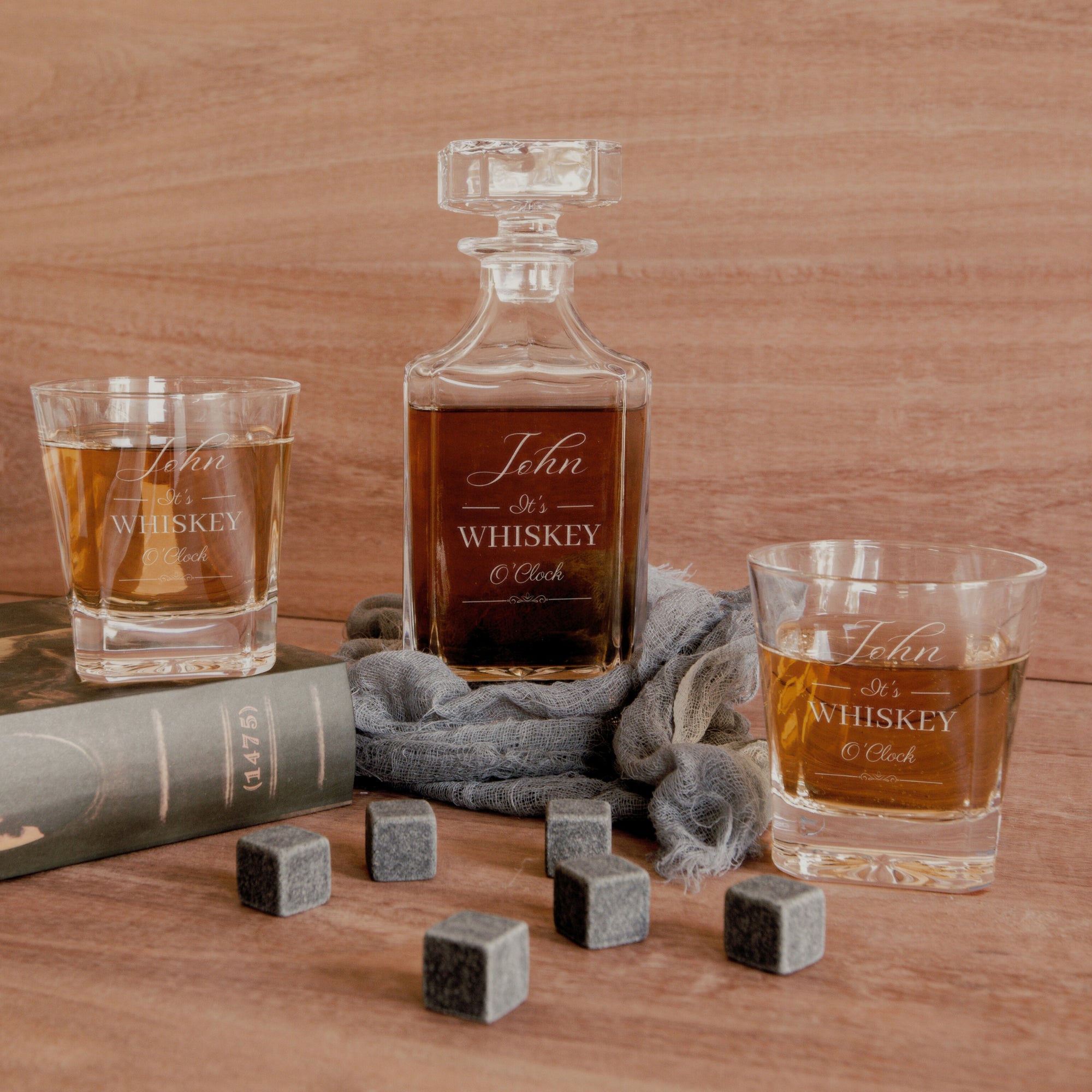 Personalised Army Wood Crate Whiskey Box, Whisky Decanter, 2 Glasses, 6 Ice Stones, 2 Coasters, Tongs, Etched Barware Groomsman Dad Gift Set