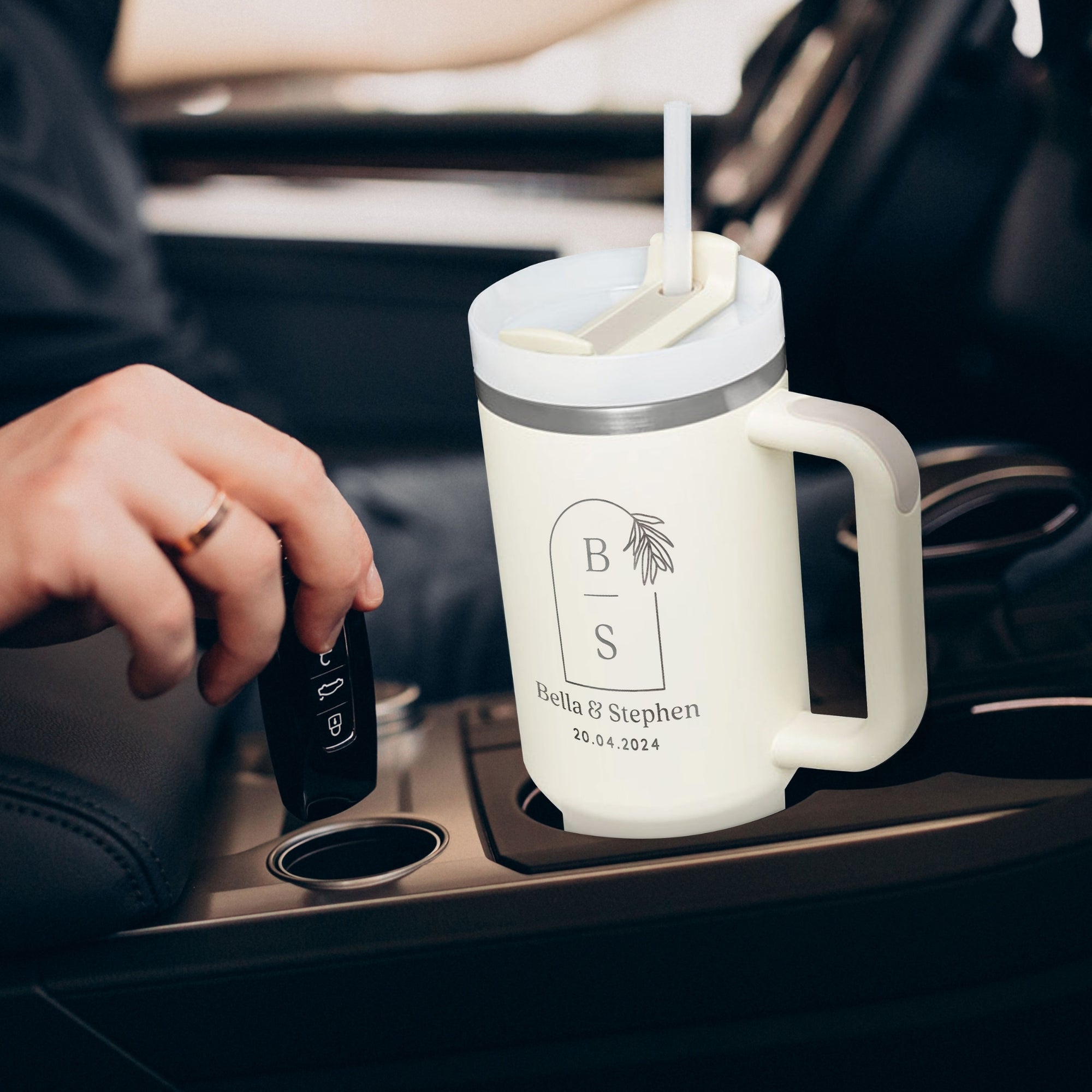 Personalised 1.2L Stainless Steel Insulated Handle Tumbler Lid & Straw, Custom Engraved Logo Travel Thermal Hot Cold Car Cup, Corporate Gift