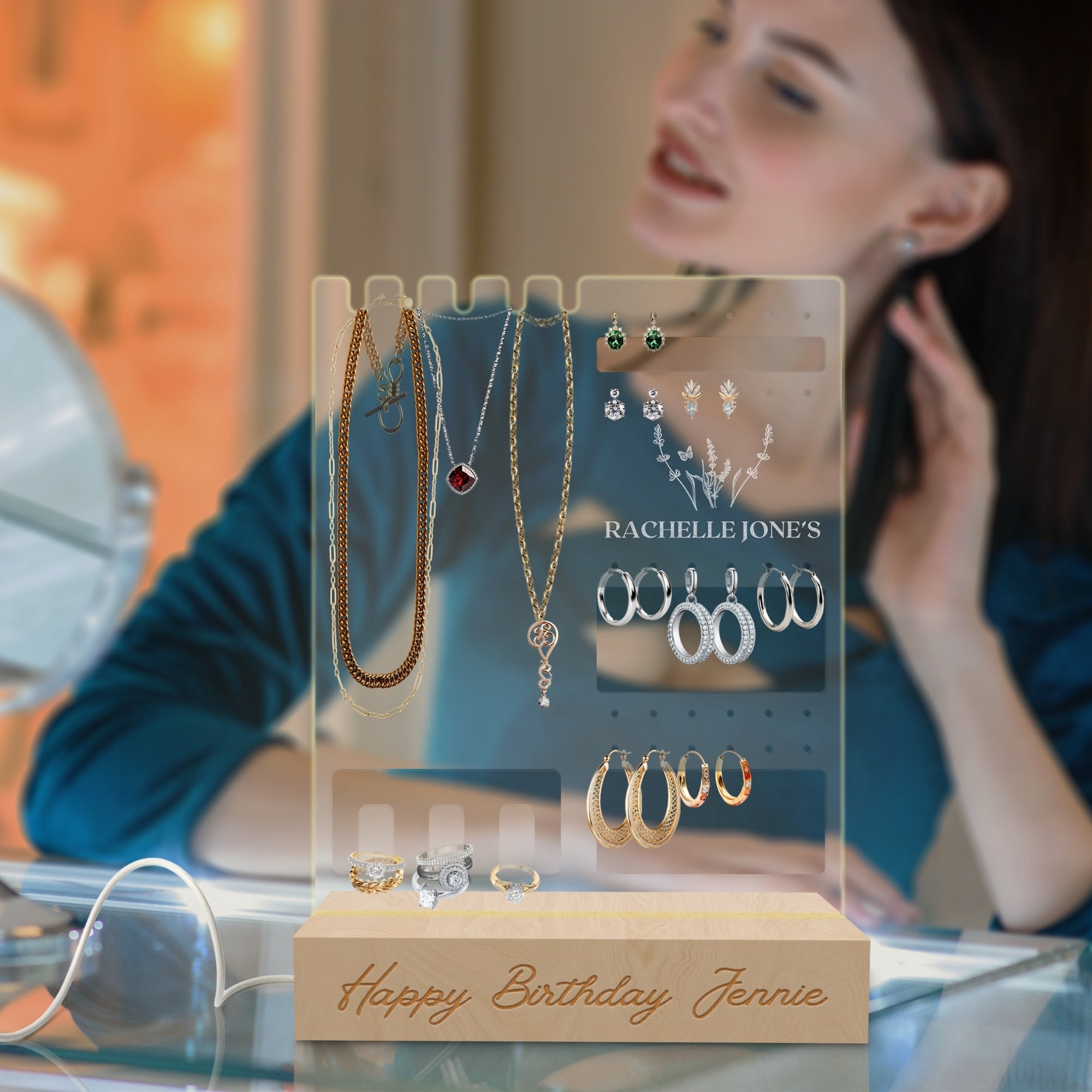 Personalised 3D Acrylic Jewellery Display LED Light Stand, Custom Engraved Earrings, Rings Holder Night Lamp, Kid Decor, Mom, Birthday Gift