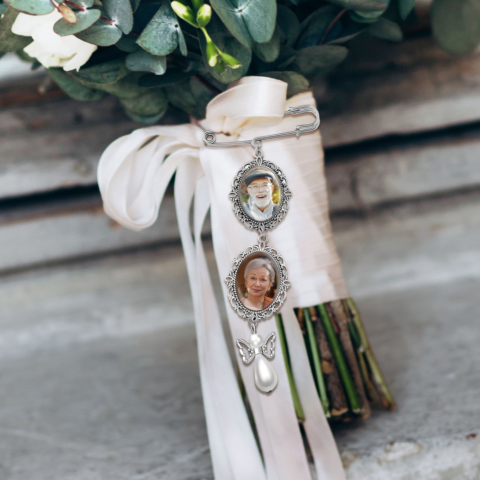 Personalised Photo & Message Memorial Bridal Bouquet Pin Charm, Custom Print Picture In Loving Memory Quotes Brooch Wedding Remembrance Gift