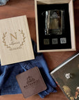 Personalised Wooden Whiskey Box, Scotch Glass, Ice Stones, Coaster, Custom Engraved Barware Set, Groomsman, Dad, Birthday, Corporate Gift