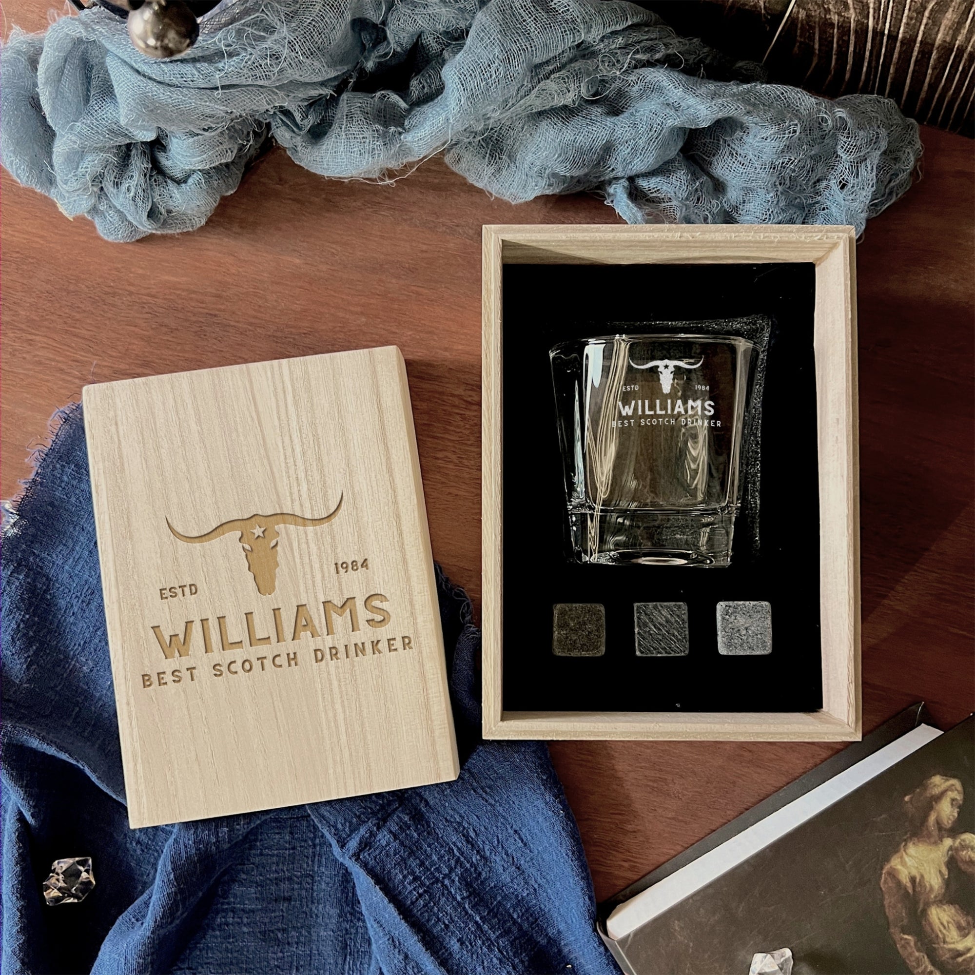 Personalised Wooden Whiskey Box, Scotch Glass, Ice Stones, Coaster, Custom Engraved Barware Set, Groomsman, Dad, Birthday, Corporate Gift
