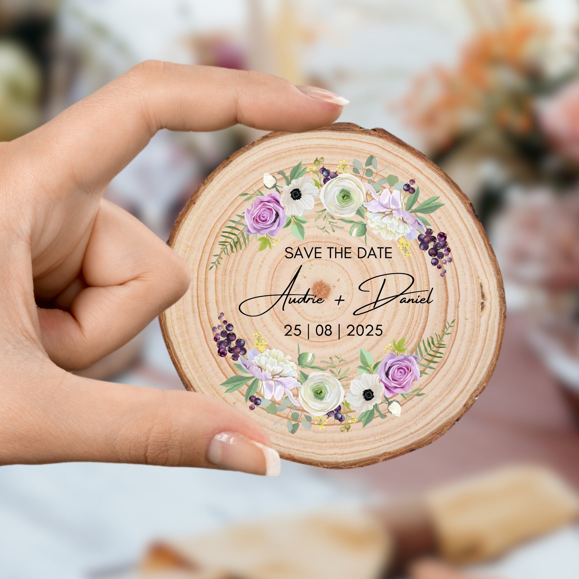 Personalised UV Print Wood Slice Save The Date Fridge Magnet & Invitation Card, Kraft Envelope, Customised Rustic Wreath Wedding Stationery