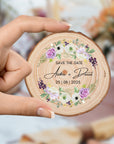 Personalised UV Print Wood Slice Save The Date Fridge Magnet & Invitation Card, Kraft Envelope, Customised Rustic Wreath Wedding Stationery