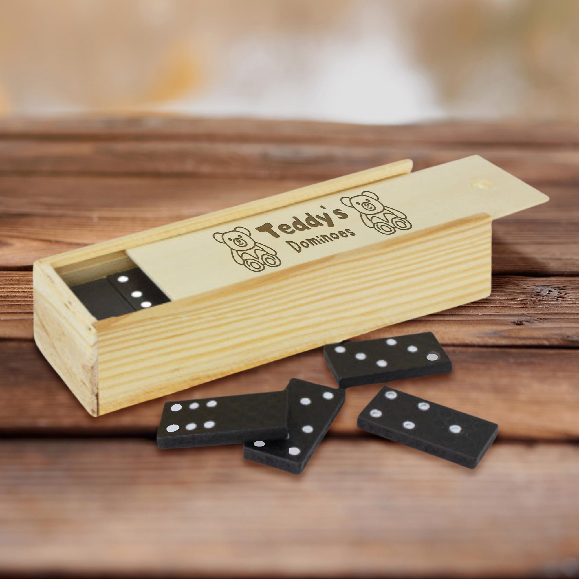 Personalised Wooden Domino Box, Engraved Tile Game, Family Party Interactive Dice Board Games, Custom Timber Children Dominoes, Kid Birthday, Father's Day Gift Set