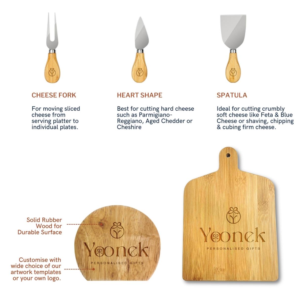 Personalised Wooden Paddle Chopping Board & 4 Piece Cheese Knife Set Customised Serving Tray Engraved Charcuterie Platter, Housewarming Gift