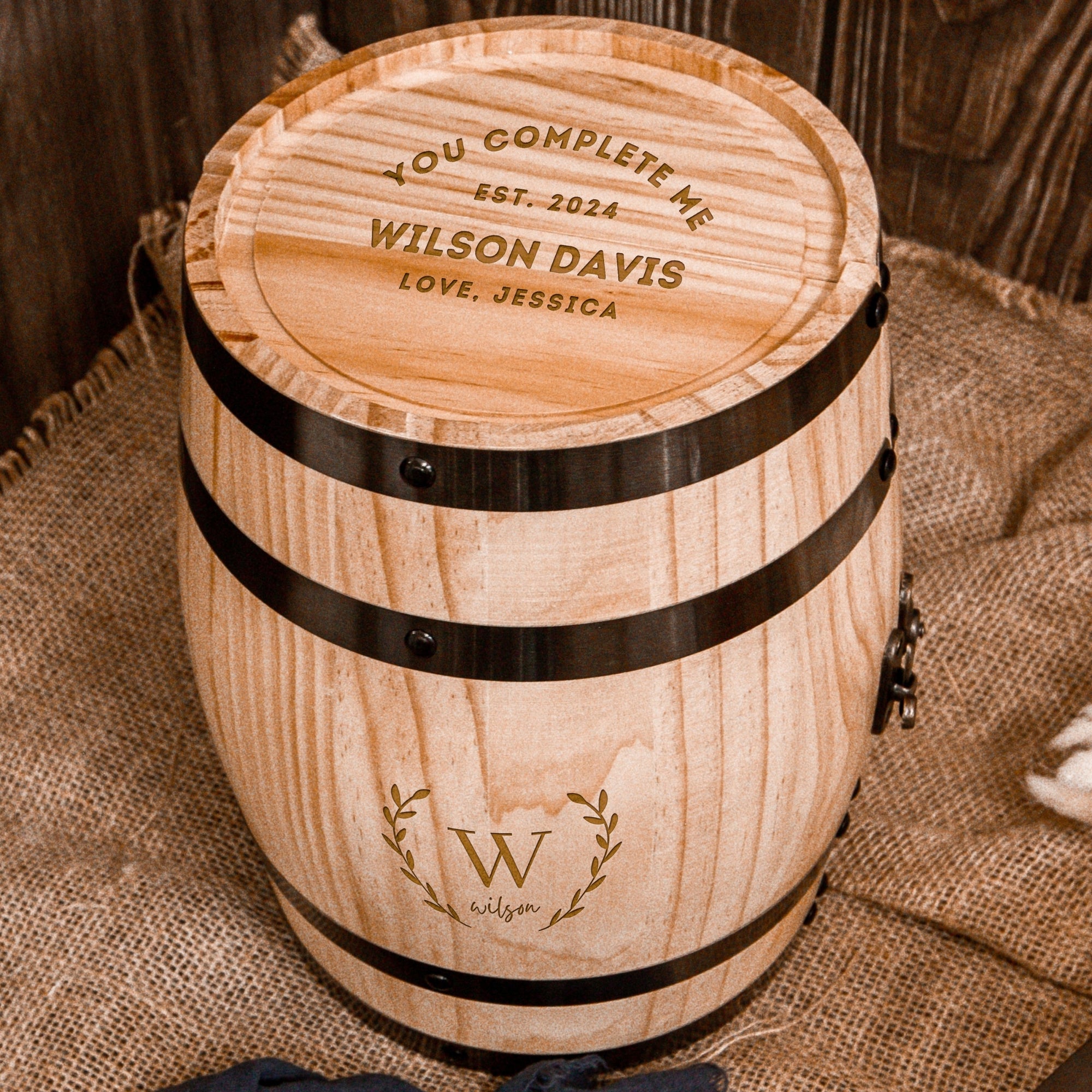 Personalised Wooden Barrel Whiskey Box, 2 Prism Glasses, 6 Ice Stones | Custom Engraved Barware Set, Dad, Groomsmen, Retirement, Xmas Gift
